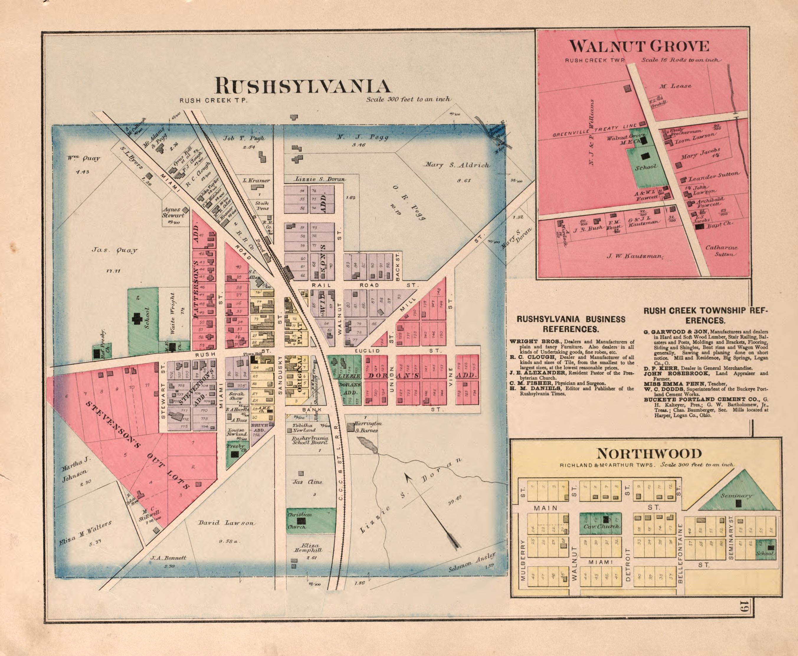 RushSylvania, Walnut Grove, Northwood from Atlas of Logan County, Ohio 1890 by Relic Map Company