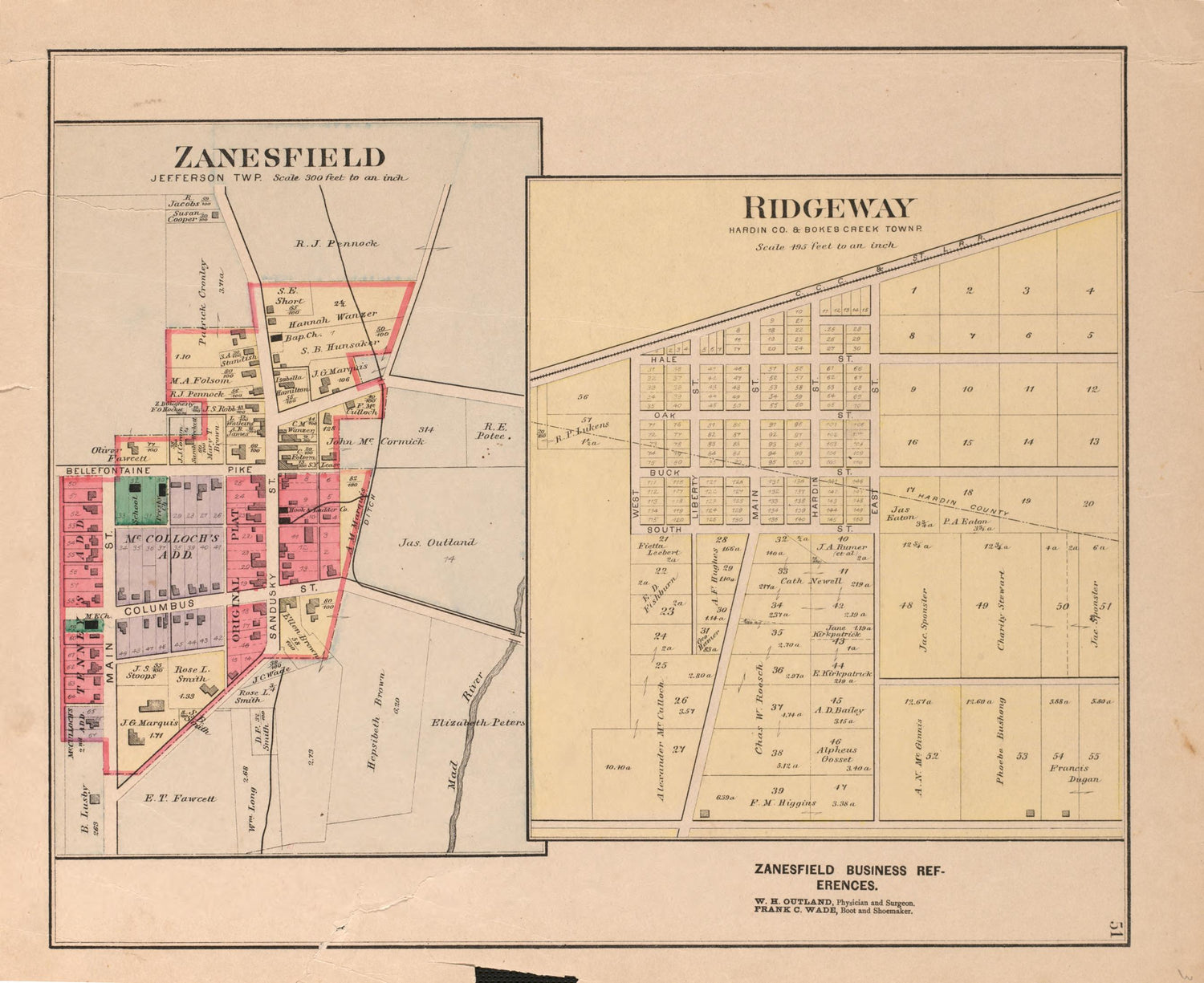 Zanesfield, Ridgeway from Atlas of Logan County, Ohio 1890 by Relic Map Company