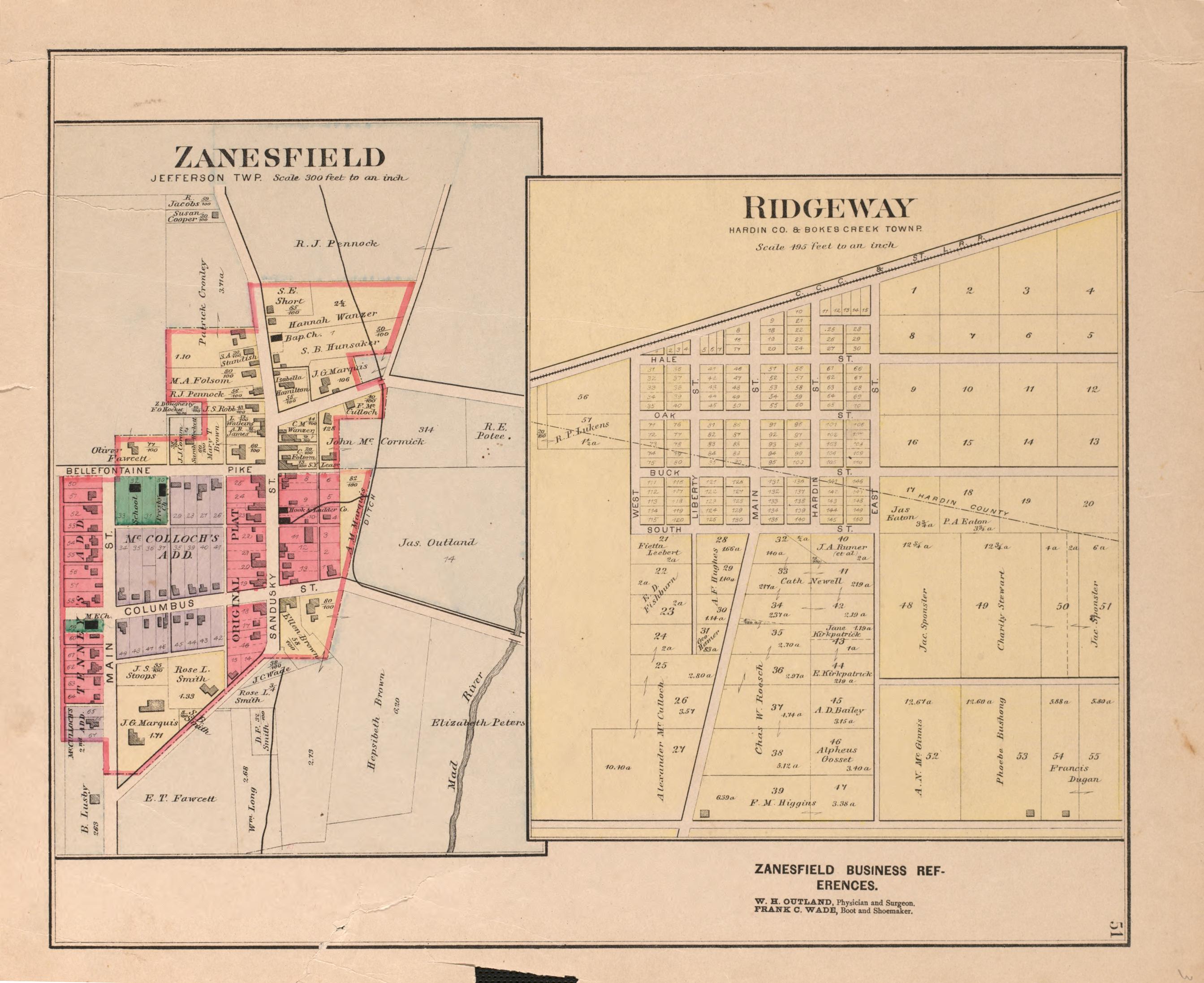 Zanesfield, Ridgeway from Atlas of Logan County, Ohio 1890 by Relic Map Company