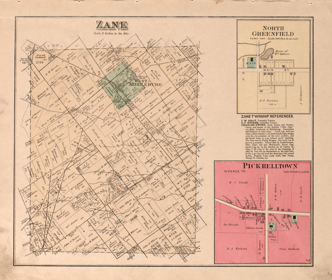 Zane, PickRellTown, North Greenfield from Atlas of Logan County, Ohio 1890 by Relic Map Company