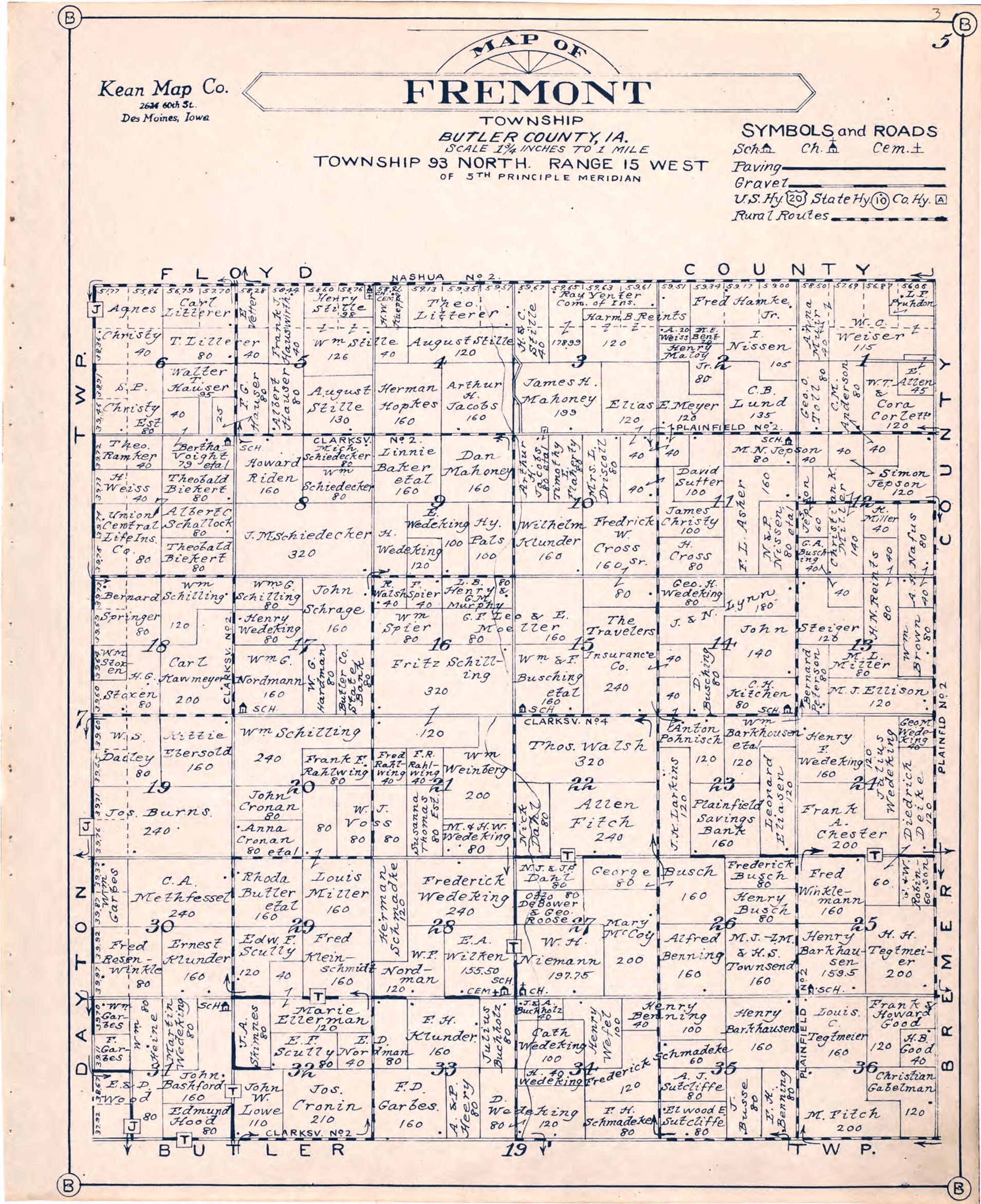 Map of Fremont Township Butler County, Iowa from Atlas of Butler County, Iowa 1930 by Relic Map Company