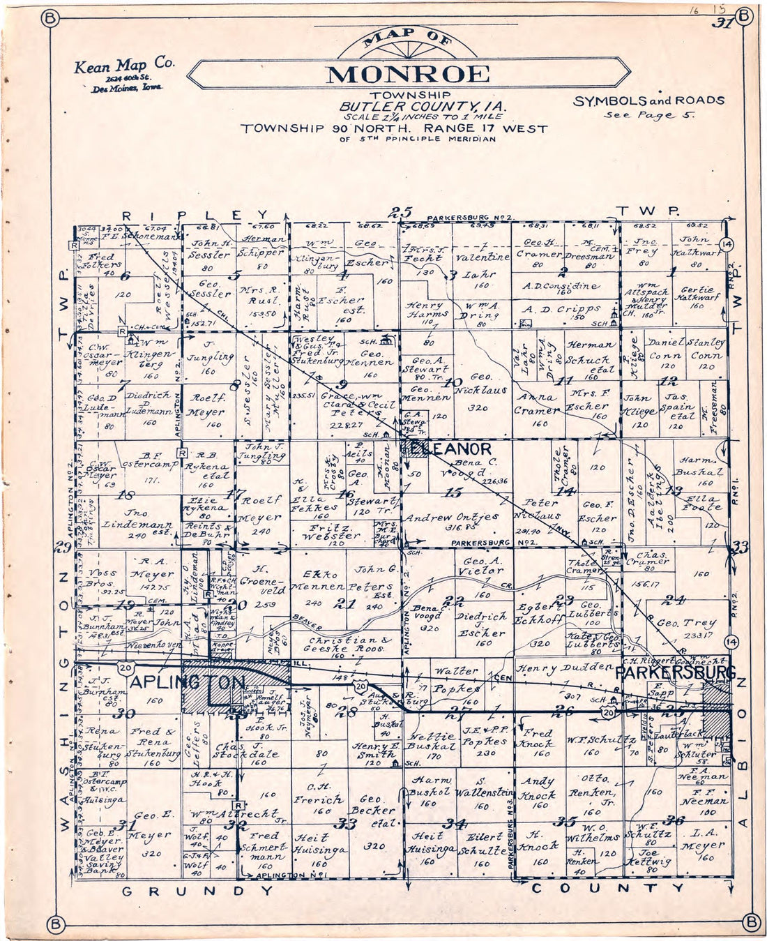 Map of Monroe Township Butler County, Iowa from Atlas of Butler County, Iowa 1930 by Relic Map Company