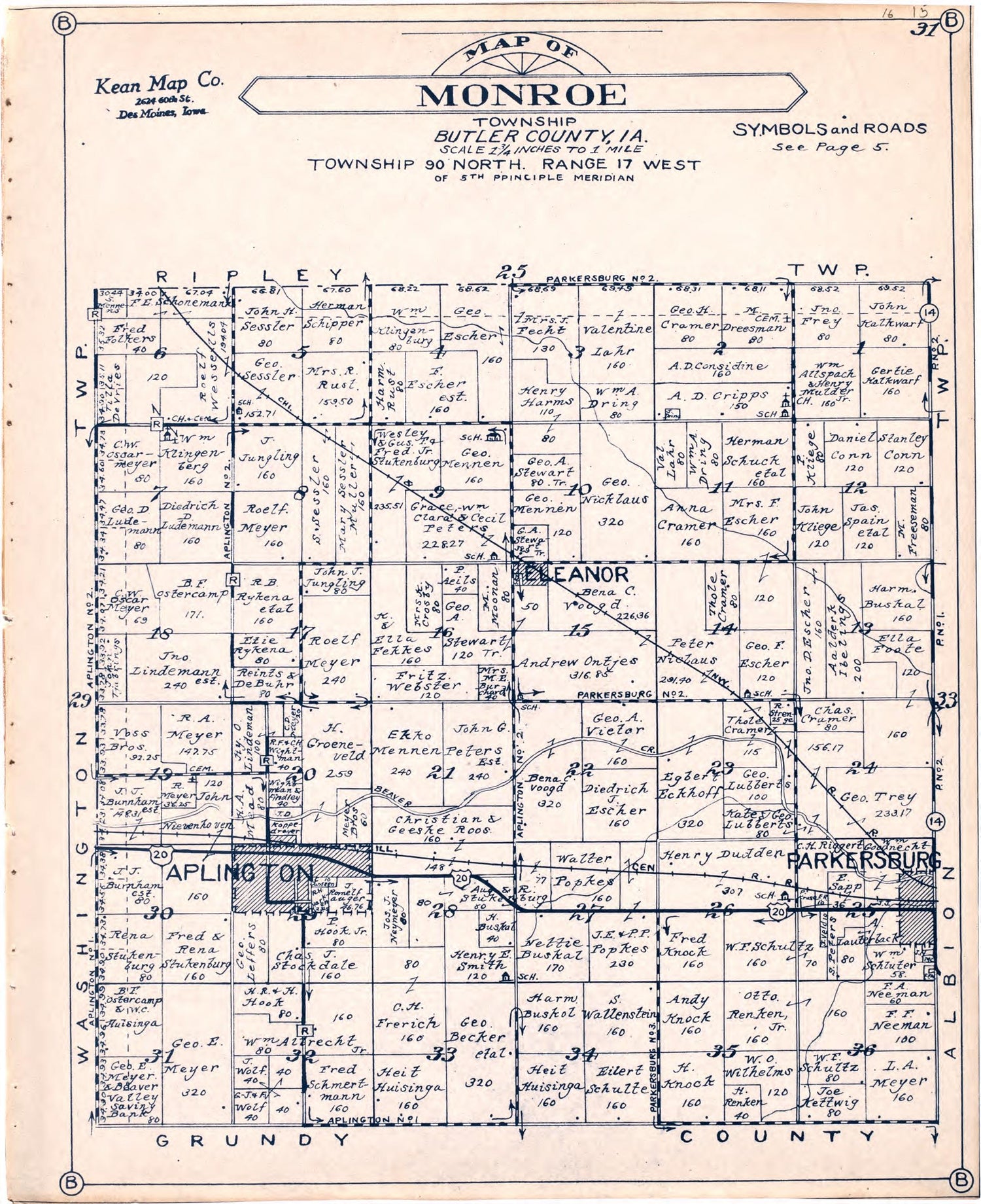 Map of Monroe Township Butler County, Iowa from Atlas of Butler County, Iowa 1930 by Relic Map Company