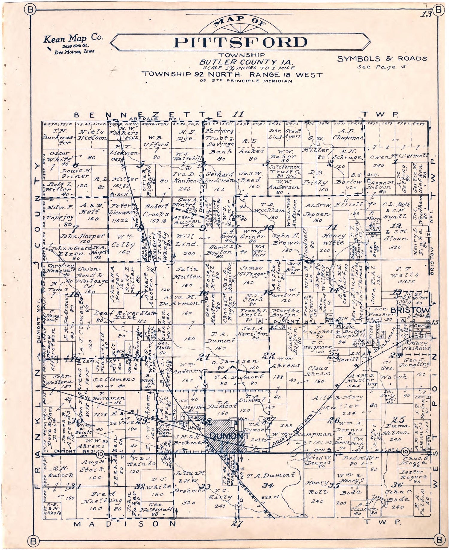 Map of Pittsford Township Butler County, Iowa from Atlas of Butler County, Iowa 1930 by Relic Map Company