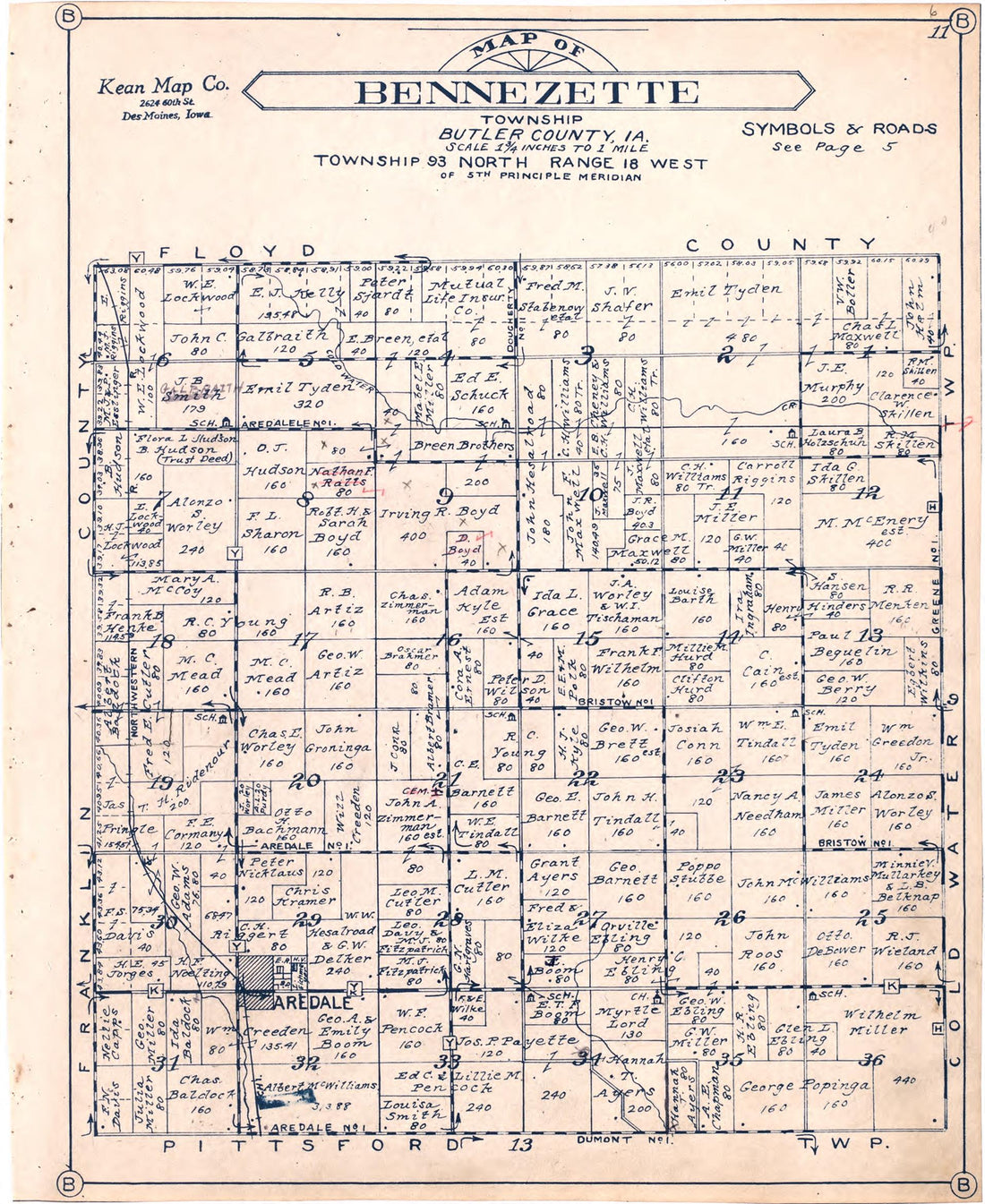Map of Bennezette Township Butler County, Iowa from Atlas of Butler County, Iowa 1930 by Relic Map Company