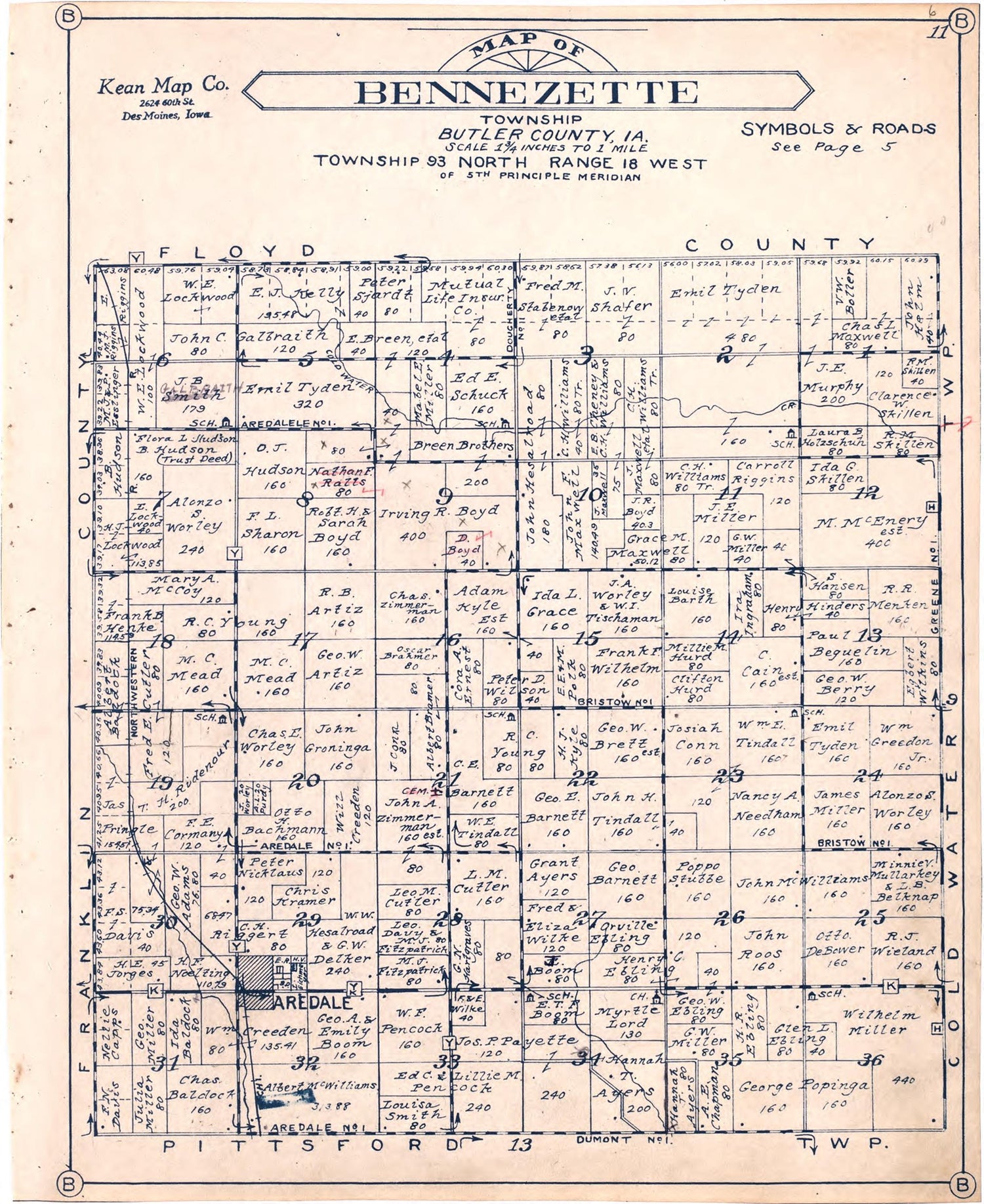 Map of Bennezette Township Butler County, Iowa from Atlas of Butler County, Iowa 1930 by Relic Map Company