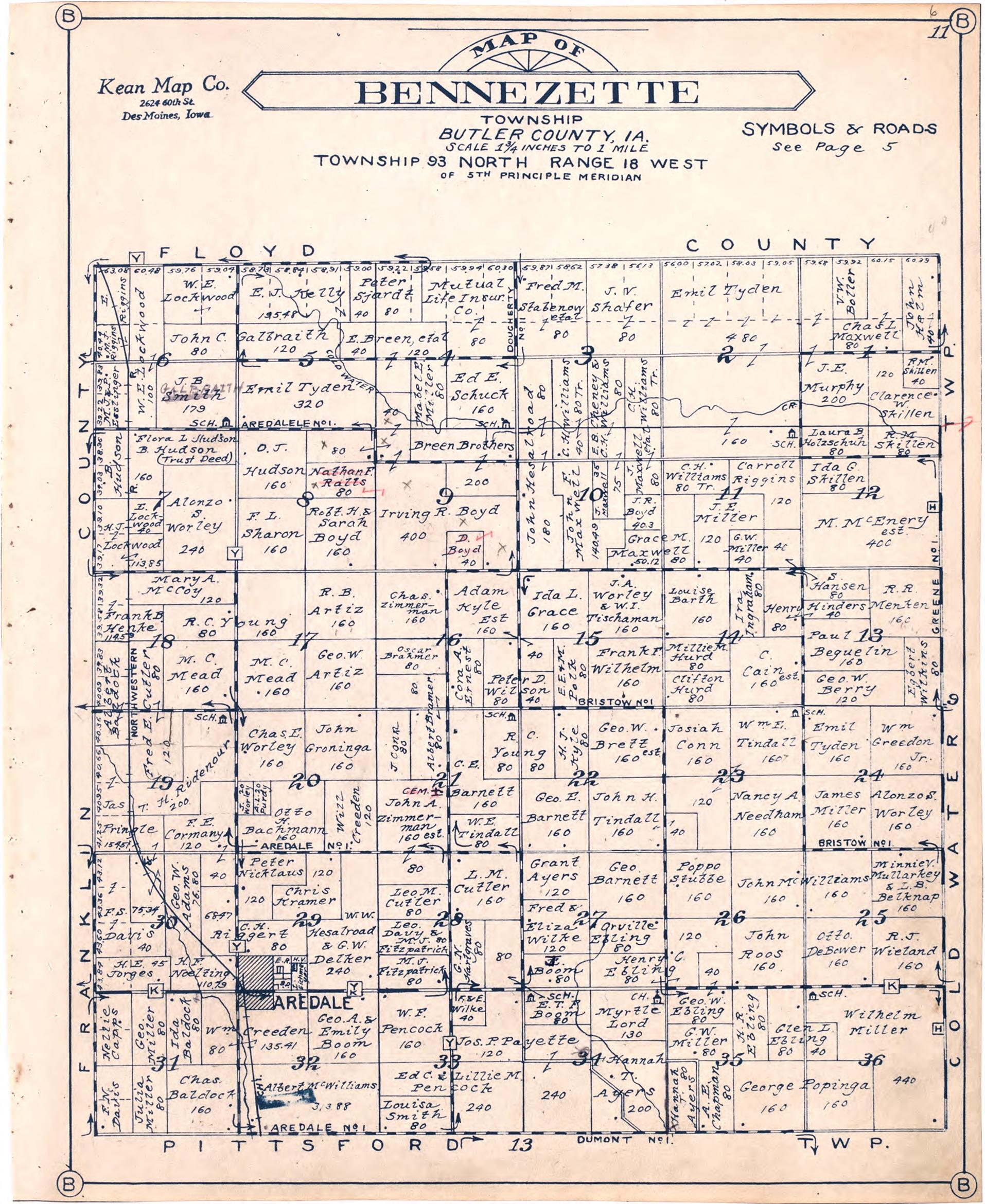 Map of Bennezette Township Butler County, Iowa from Atlas of Butler County, Iowa 1930 by Relic Map Company
