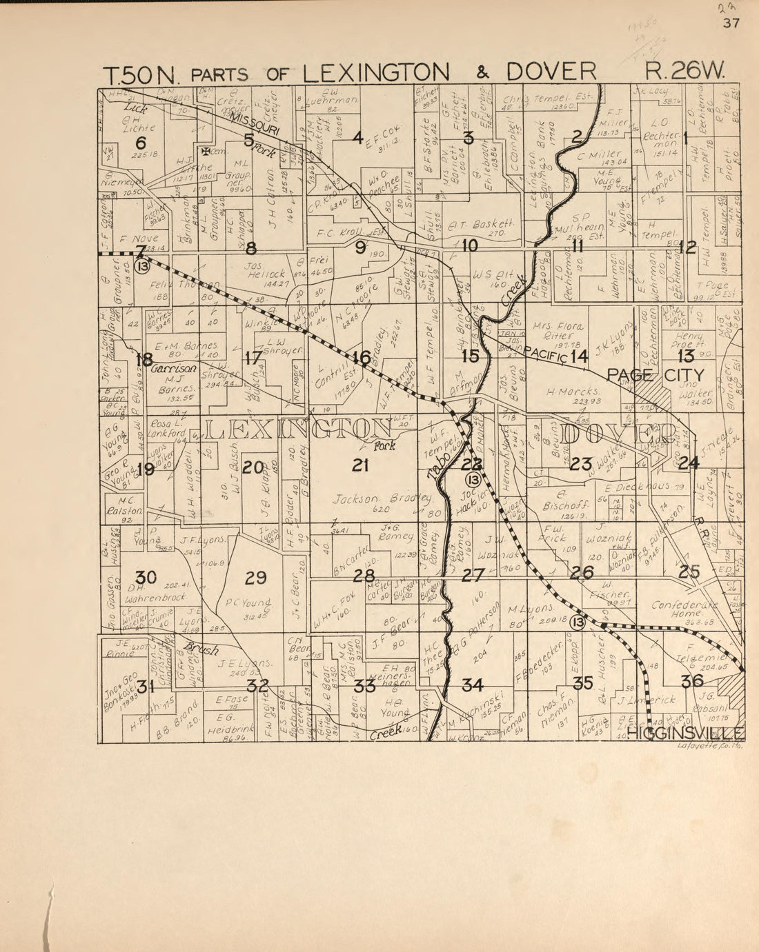 Lexington and Dover from Atlas of Lafayette County, Missouri 1920 by Relic Map Company