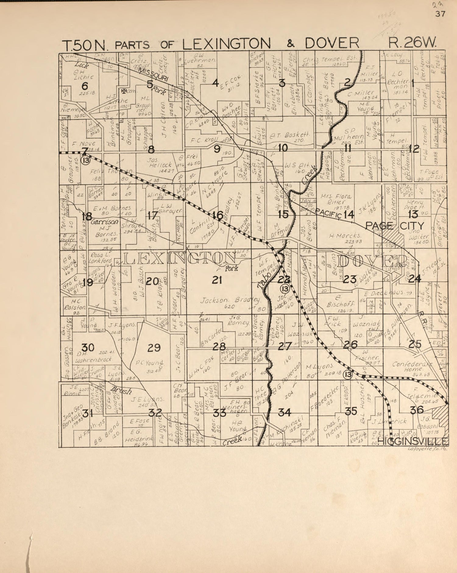 Lexington and Dover from Atlas of Lafayette County, Missouri 1920 by Relic Map Company