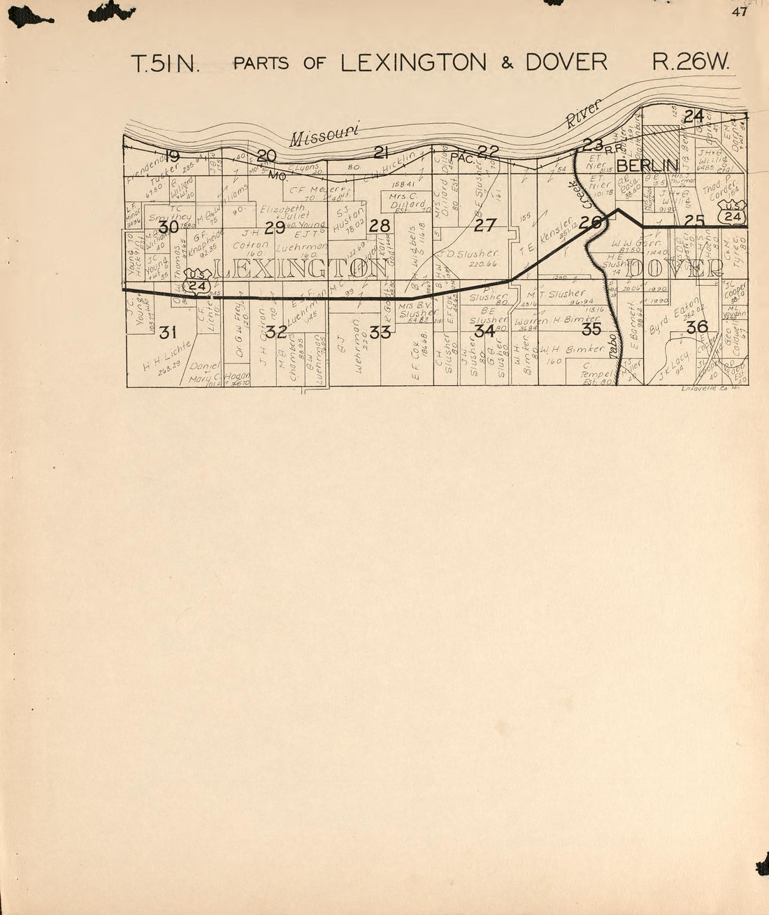 Lexington and Dover from Atlas of Lafayette County, Missouri 1920 by Relic Map Company