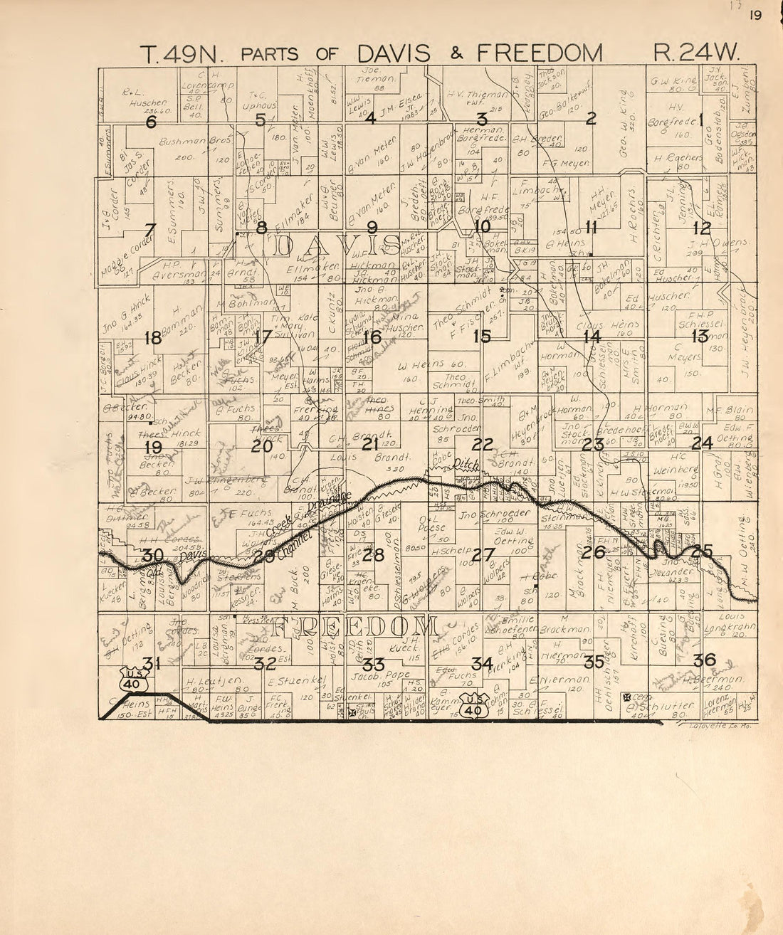 Davis and Freedom from Atlas of Lafayette County, Missouri 1920 by Relic Map Company