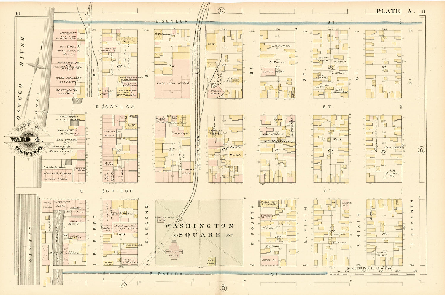 Part of Ward 4. Oswego. Plate A. from City Atlas of Oswego, New York : from Official Records, Private Plans and Actual Surveys 1880 by Relic Map Company