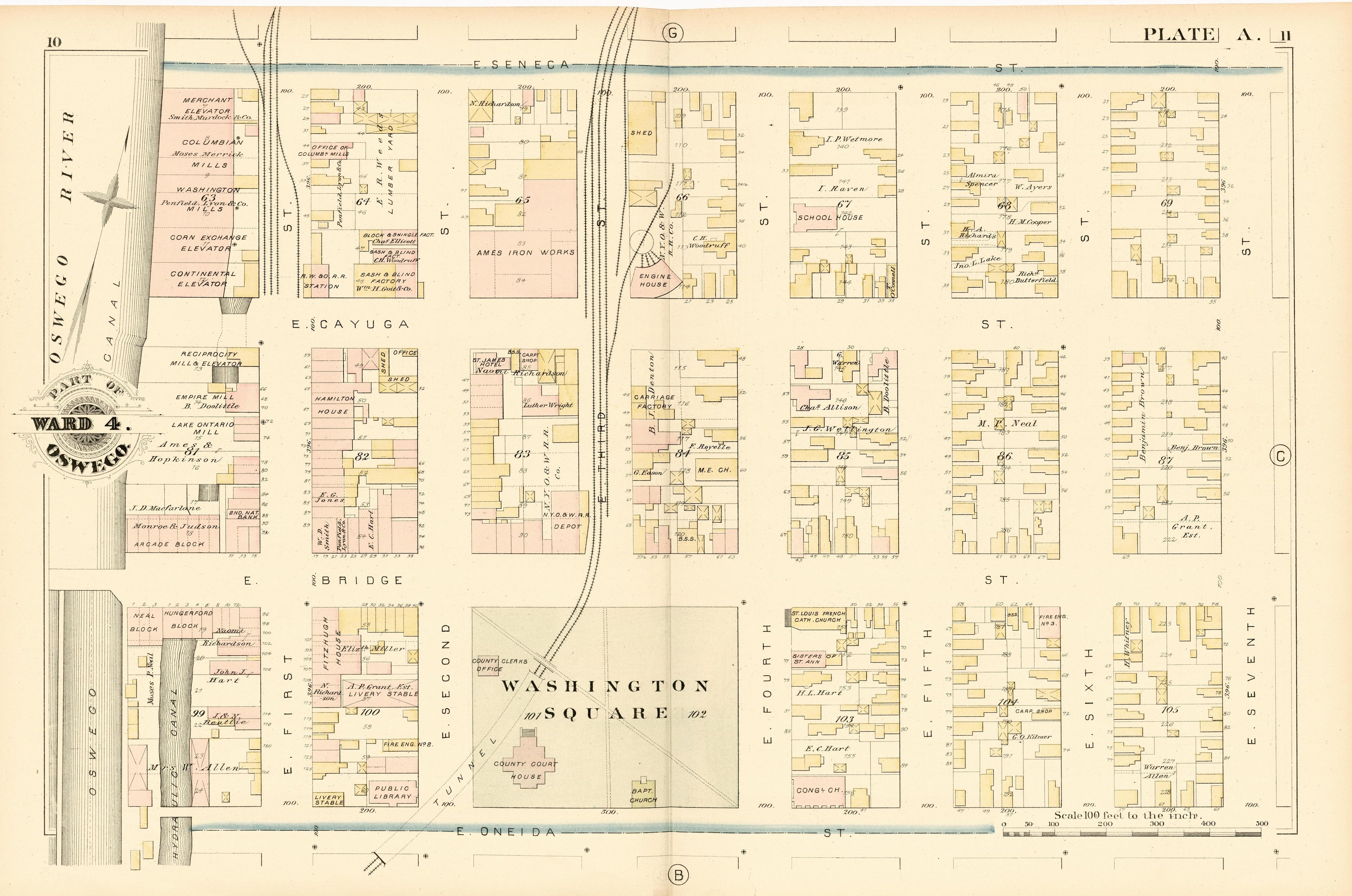 Part of Ward 4. Oswego. Plate A. from City Atlas of Oswego, New York : from Official Records, Private Plans and Actual Surveys 1880 by Relic Map Company