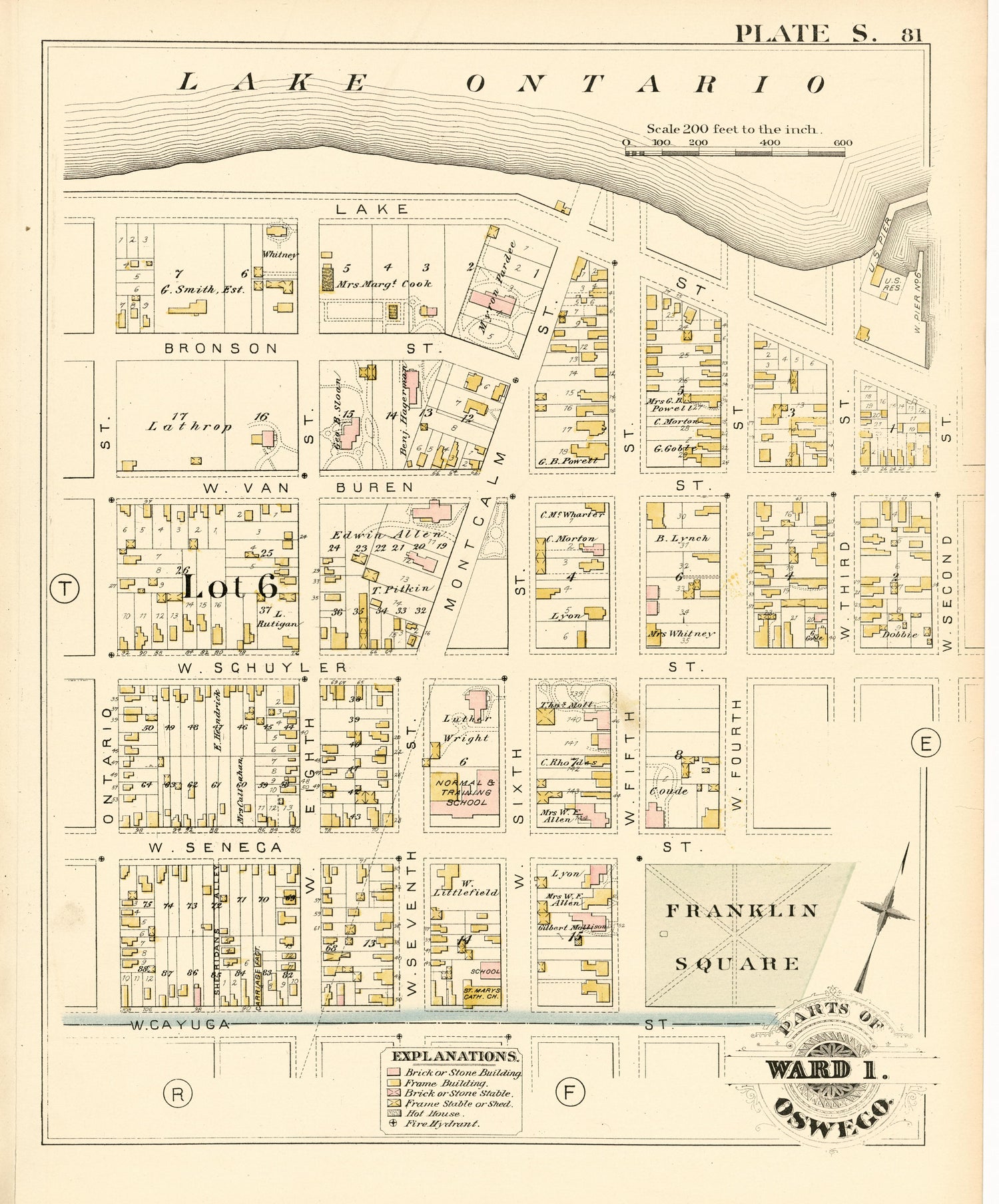 Parts of Ward 1. Oswego. Plate S. from City Atlas of Oswego, New York : from Official Records, Private Plans and Actual Surveys 1880 by Relic Map Company