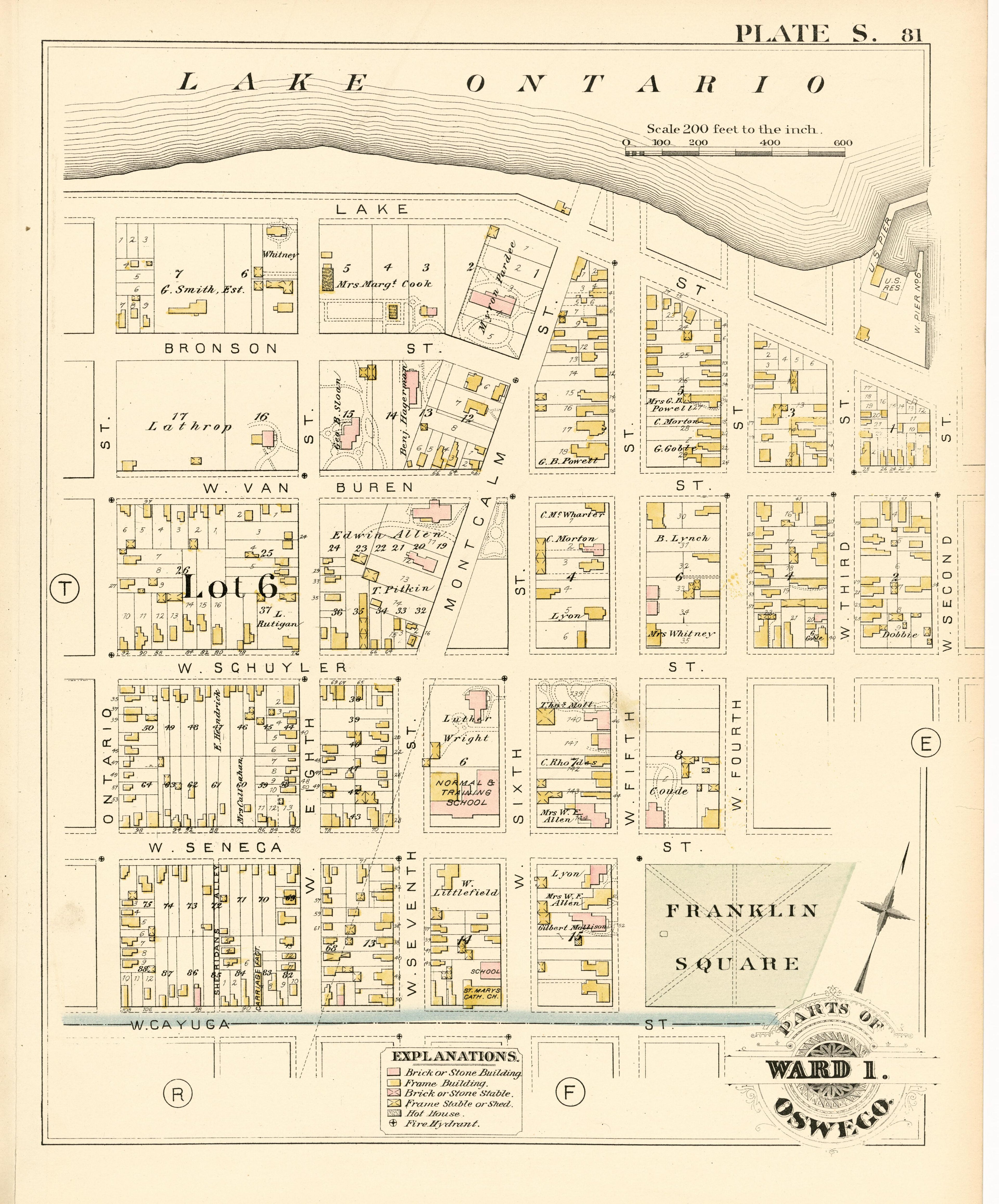 Parts of Ward 1. Oswego. Plate S. from City Atlas of Oswego, New York : from Official Records, Private Plans and Actual Surveys 1880 by Relic Map Company