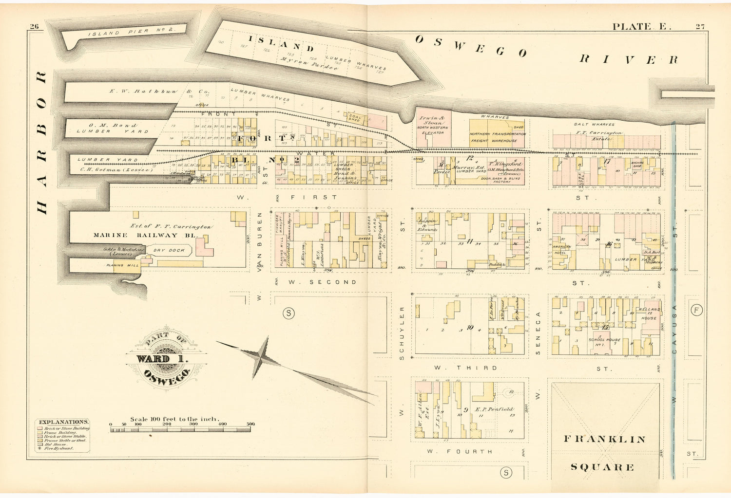 Part of Ward 1. Oswego. Plate E. from City Atlas of Oswego, New York : from Official Records, Private Plans and Actual Surveys 1880 by Relic Map Company