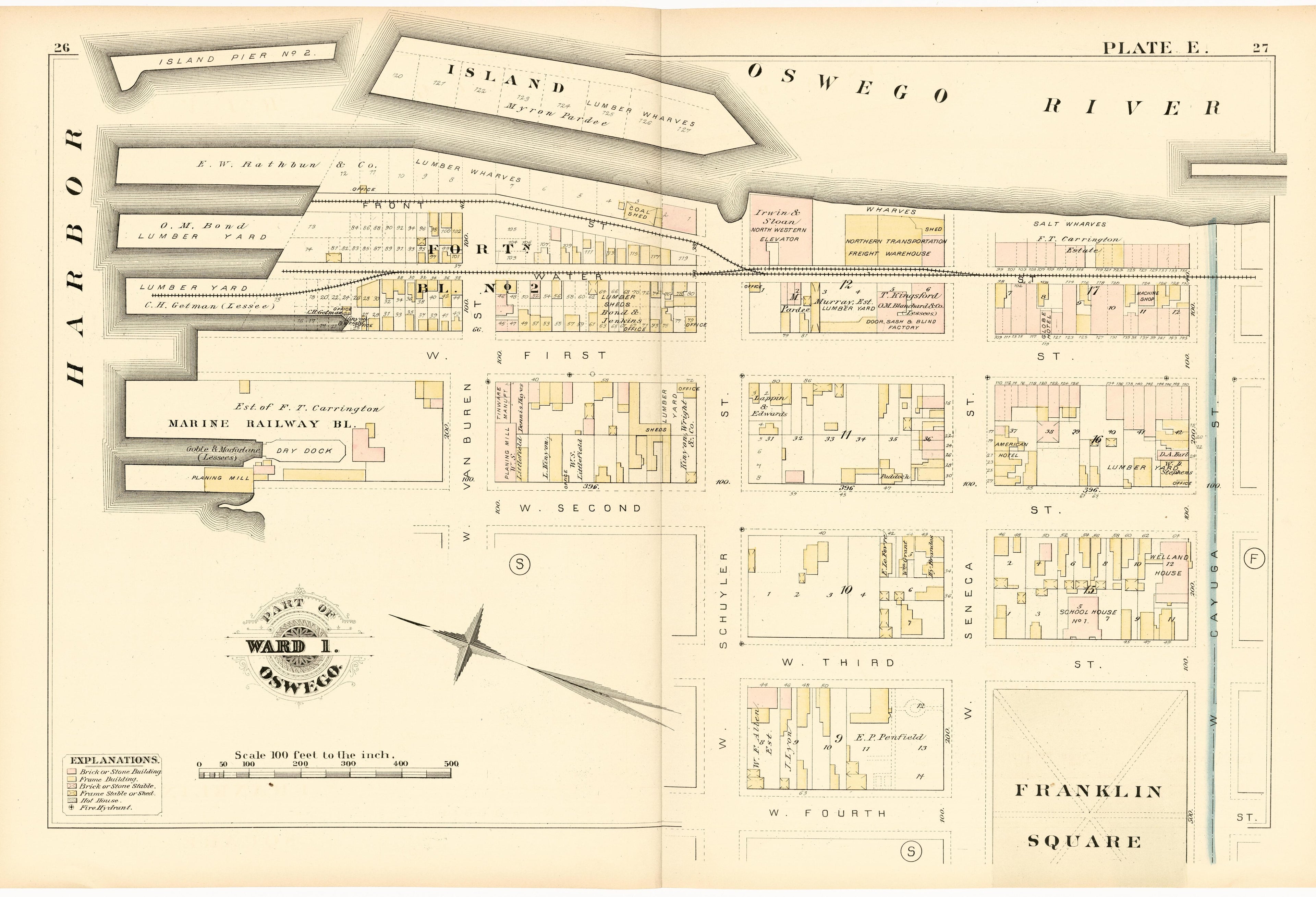 Part of Ward 1. Oswego. Plate E. from City Atlas of Oswego, New York : from Official Records, Private Plans and Actual Surveys 1880 by Relic Map Company
