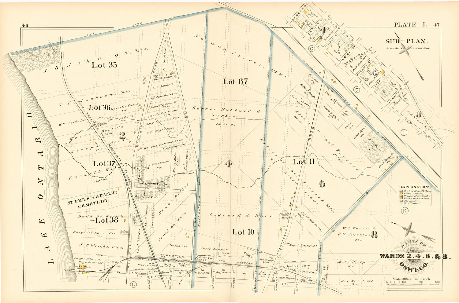 Parts of Wards 2. 4. 6. &amp; 8. Plate J. from City Atlas of Oswego, New York : from Official Records, Private Plans and Actual Surveys 1880 by Relic Map Company