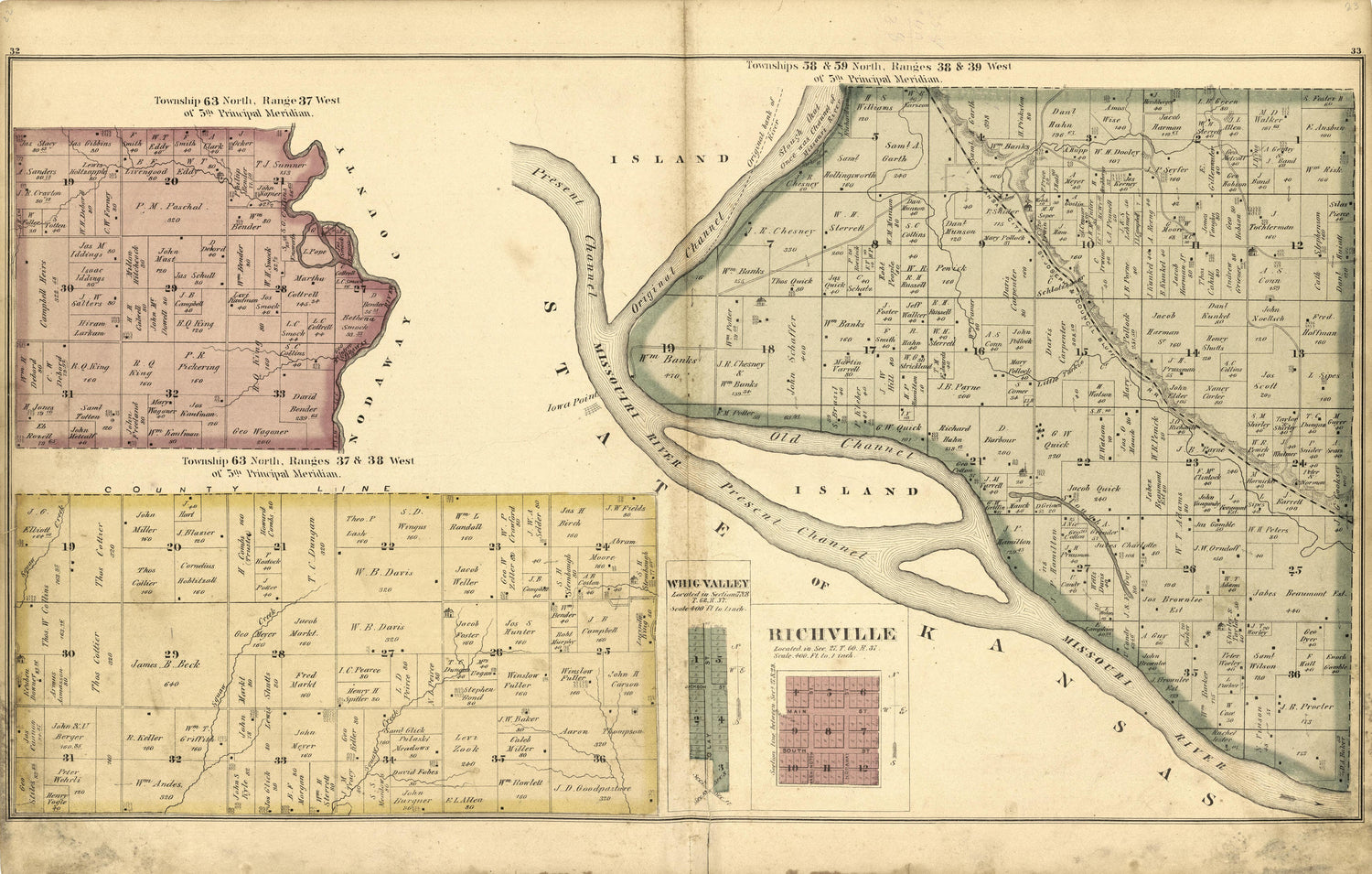 Township 63 N, Range 37 W of 5th Principal Meridian; Whig Valley; Richville from an Illustrated Historical Atlas Map of Holt County, Mo. : Carefully Compiled from Personal Examinations and Surveys 1877 by Relic Map Company