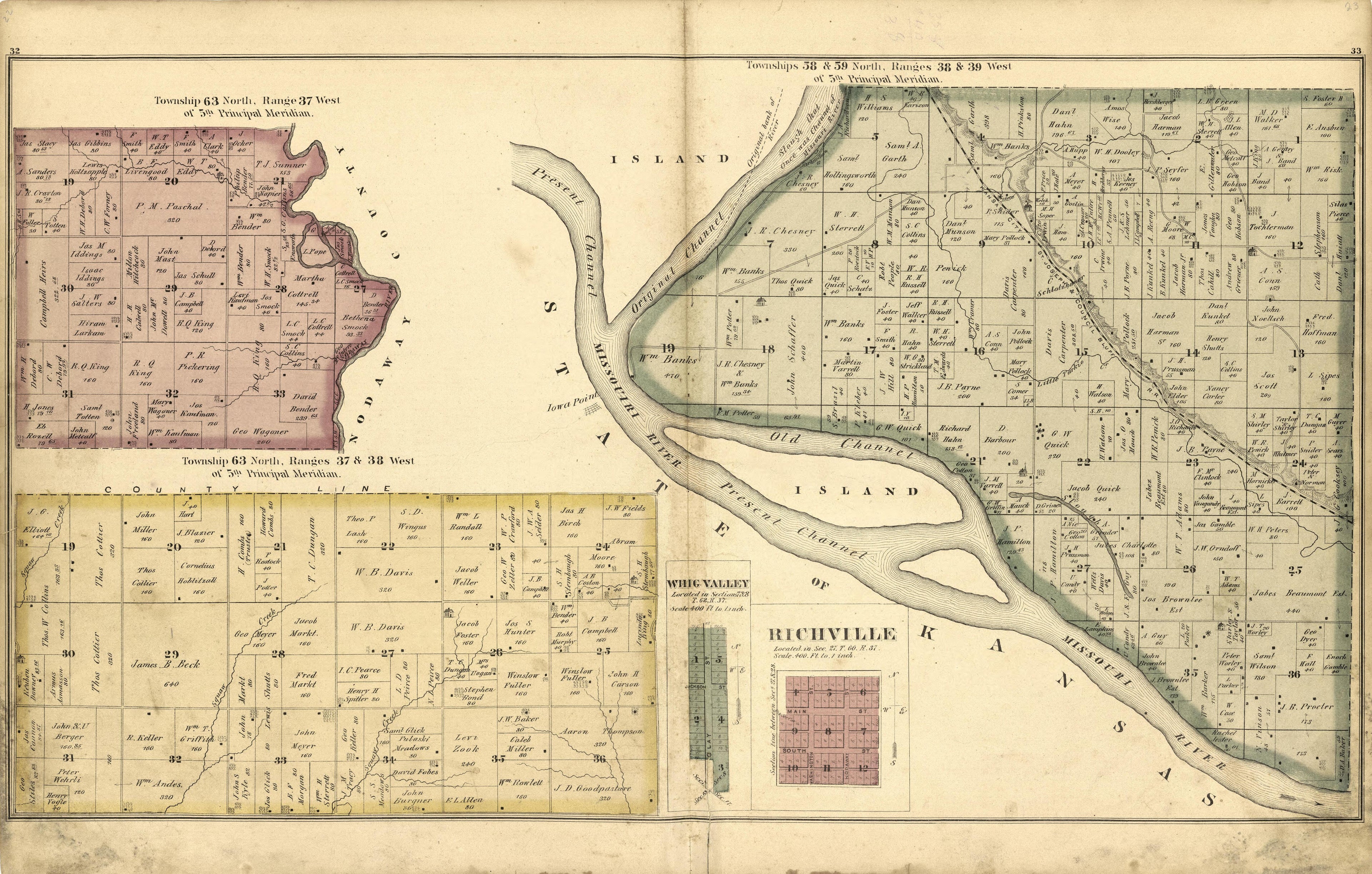 Township 63 N, Range 37 W of 5th Principal Meridian; Whig Valley; Richville from an Illustrated Historical Atlas Map of Holt County, Mo. : Carefully Compiled from Personal Examinations and Surveys 1877 by Relic Map Company