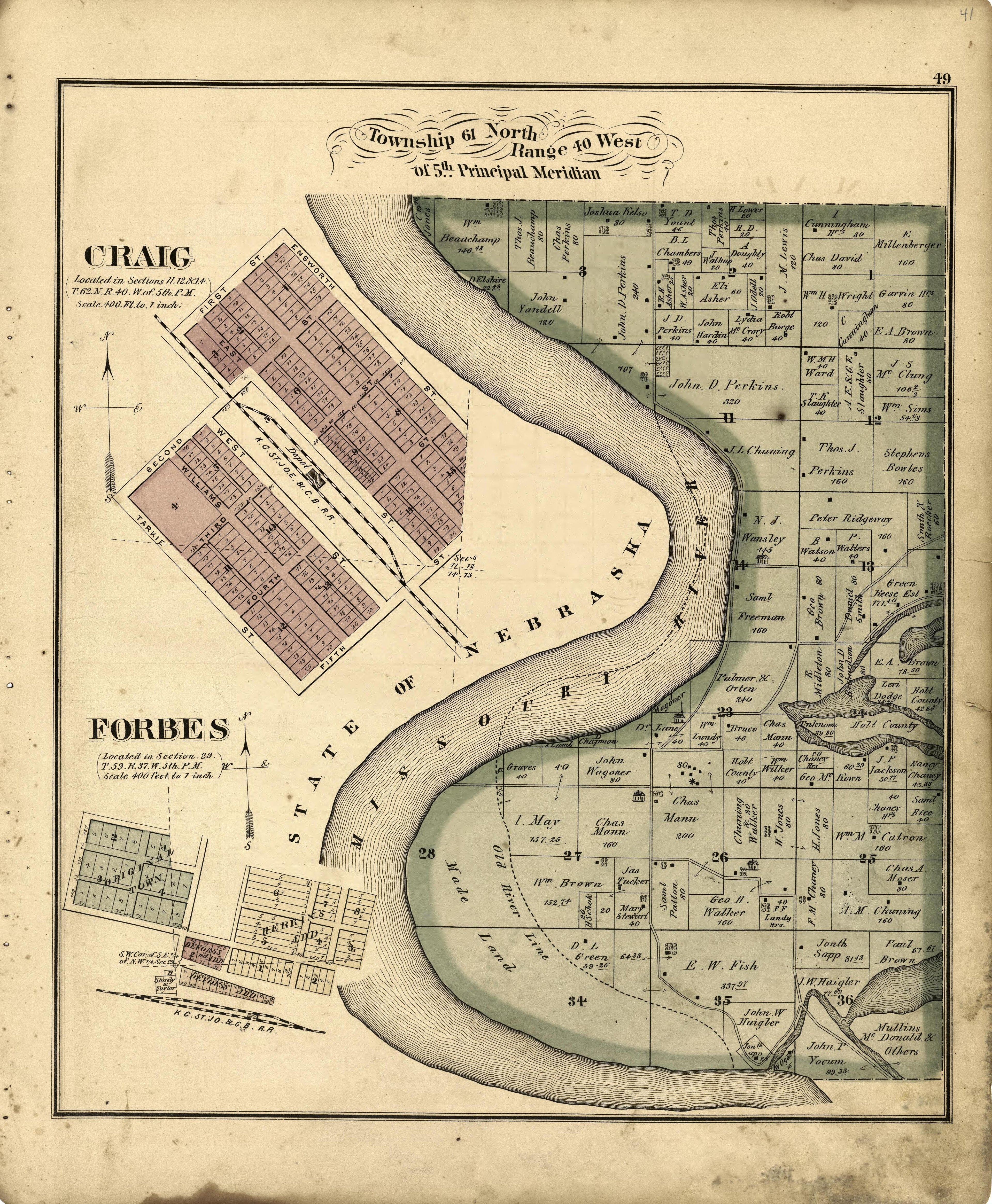 Township 61 North Ranges 40 West of 5th Principal Meridian; Craig; Forbes from an Illustrated Historical Atlas Map of Holt County, Mo. : Carefully Compiled from Personal Examinations and Surveys 1877 by Relic Map Company