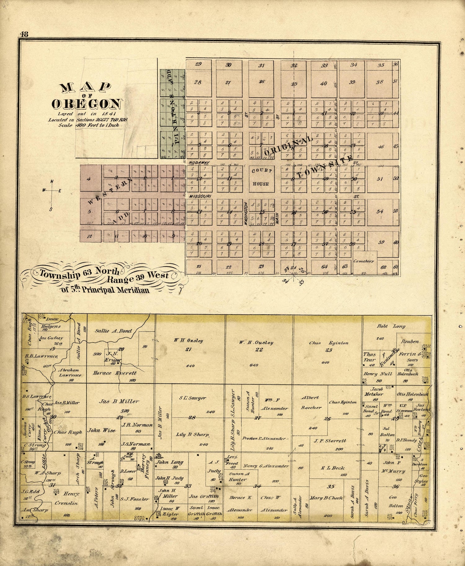 Map of Oregon, Missouri; Township 63 North Range 39 West from an Illustrated Historical Atlas Map of Holt County, Mo. : Carefully Compiled from Personal Examinations and Surveys 1877 by Relic Map Company