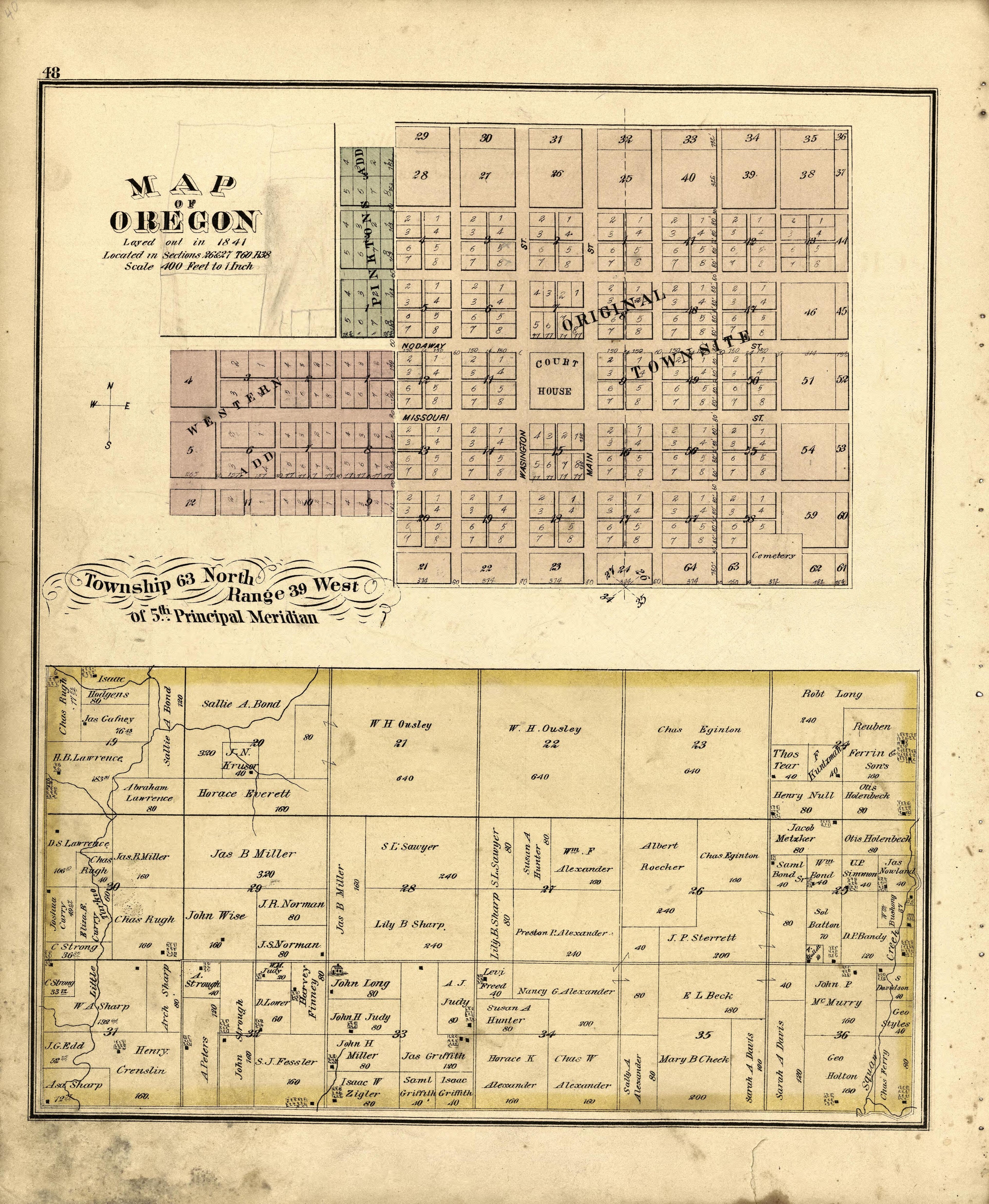 Map of Oregon, Missouri; Township 63 North Range 39 West from an Illustrated Historical Atlas Map of Holt County, Mo. : Carefully Compiled from Personal Examinations and Surveys 1877 by Relic Map Company