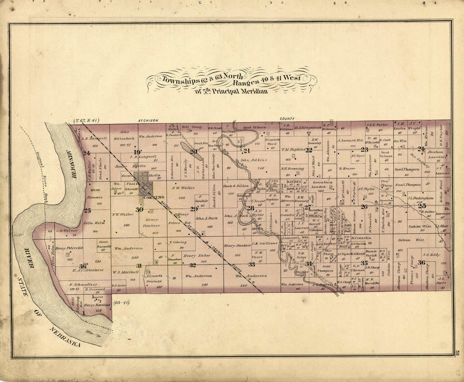 Township 62 &amp; 63 North Ranges 40 &amp; 41 West of 5th Principal Meridian from an Illustrated Historical Atlas Map of Holt County, Mo. : Carefully Compiled from Personal Examinations and Surveys 1877 by Relic Map Company