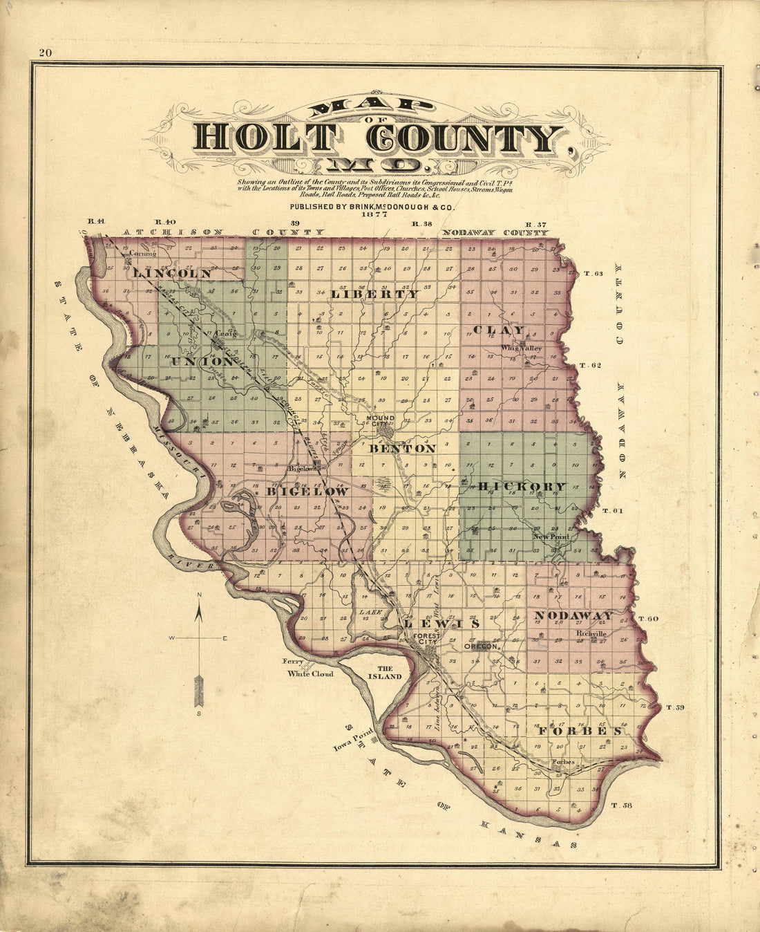This old map of Holt County, Missouri,  was created by Brink, McDonough &amp; Co in 1877