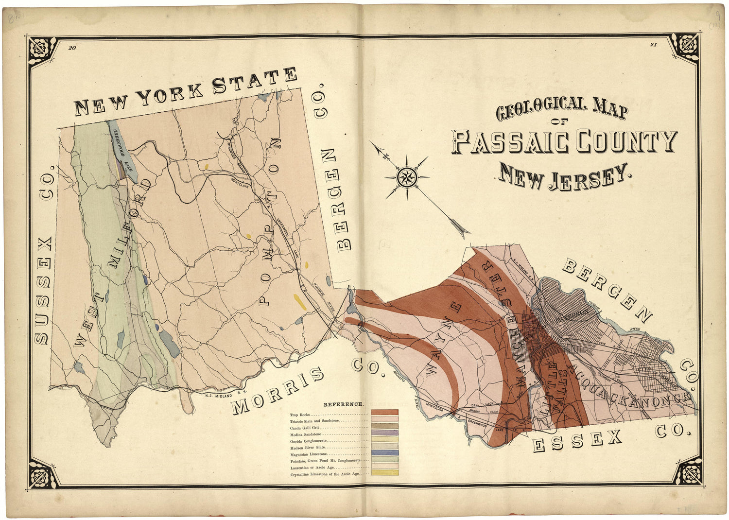 Geological Map of Passaic County, New Jersey from Atlas of Passaic County, New-Jersey : from Actual Surveys of Each Township and Village Under the Supervision of the Publishers, Assisted by Able Engineers of Paterson 1877 by Relic Map Company