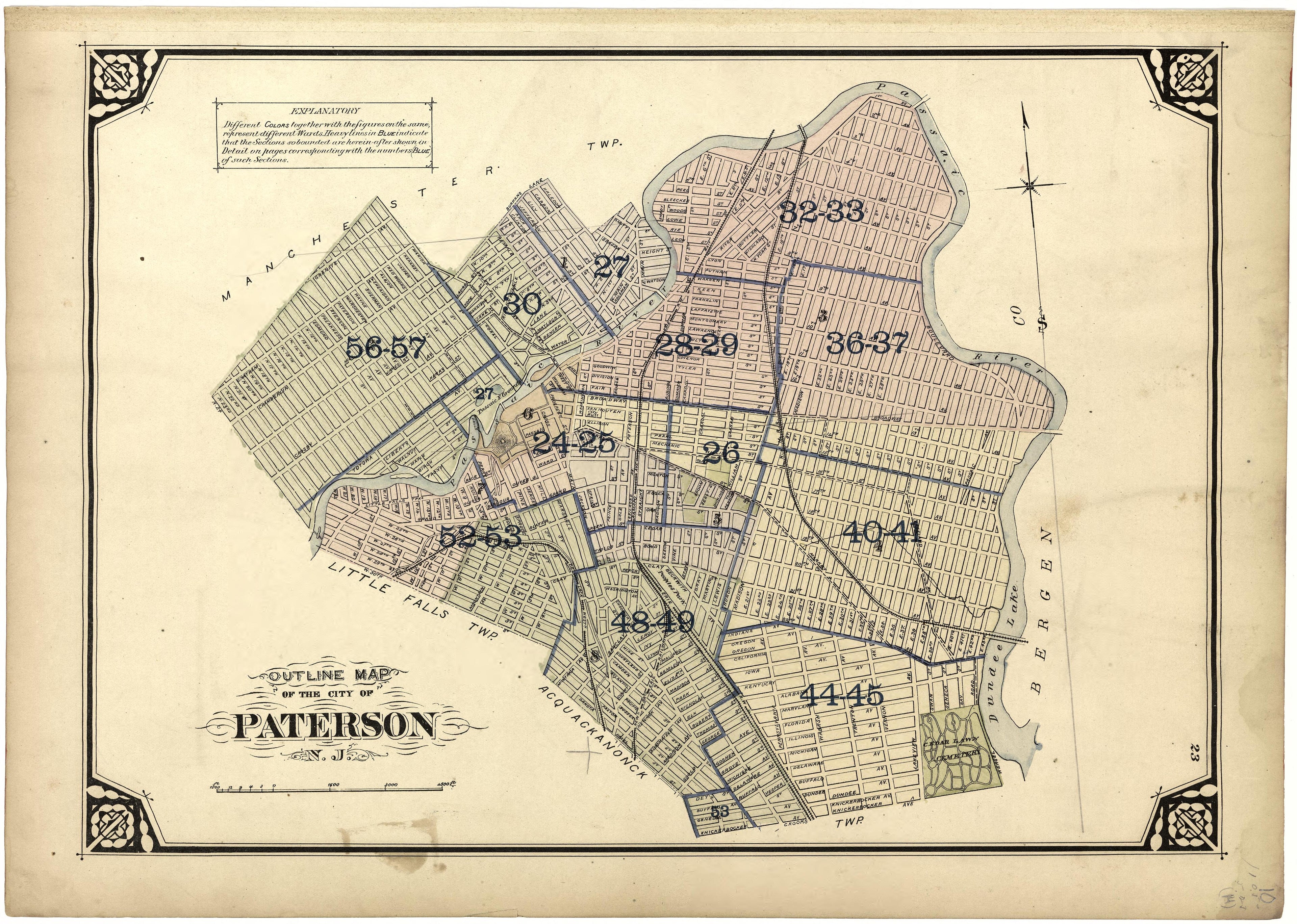 Outline Map of the City of Paterson, N.J. from Atlas of Passaic County, New-Jersey : from Actual Surveys of Each Township and Village Under the Supervision of the Publishers, Assisted by Able Engineers of Paterson 1877 by Relic Map Company