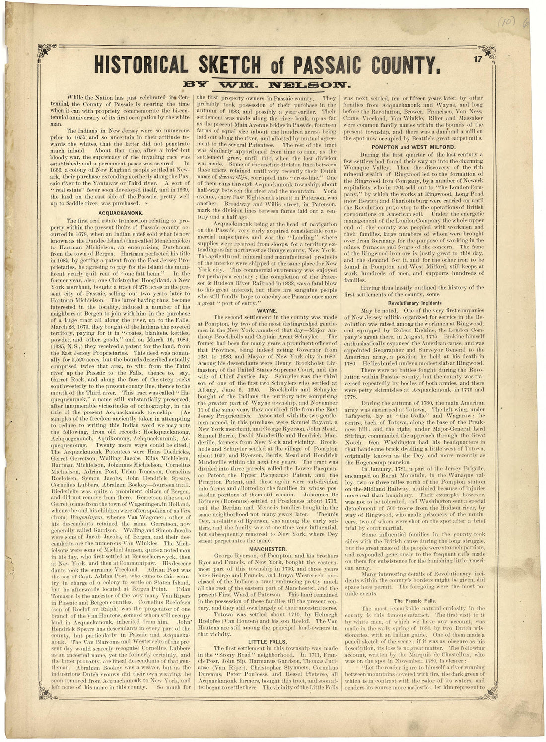 Historical Sketch of Passaic County from Atlas of Passaic County, New-Jersey : from Actual Surveys of Each Township and Village Under the Supervision of the Publishers, Assisted by Able Engineers of Paterson 1877 by Relic Map Company