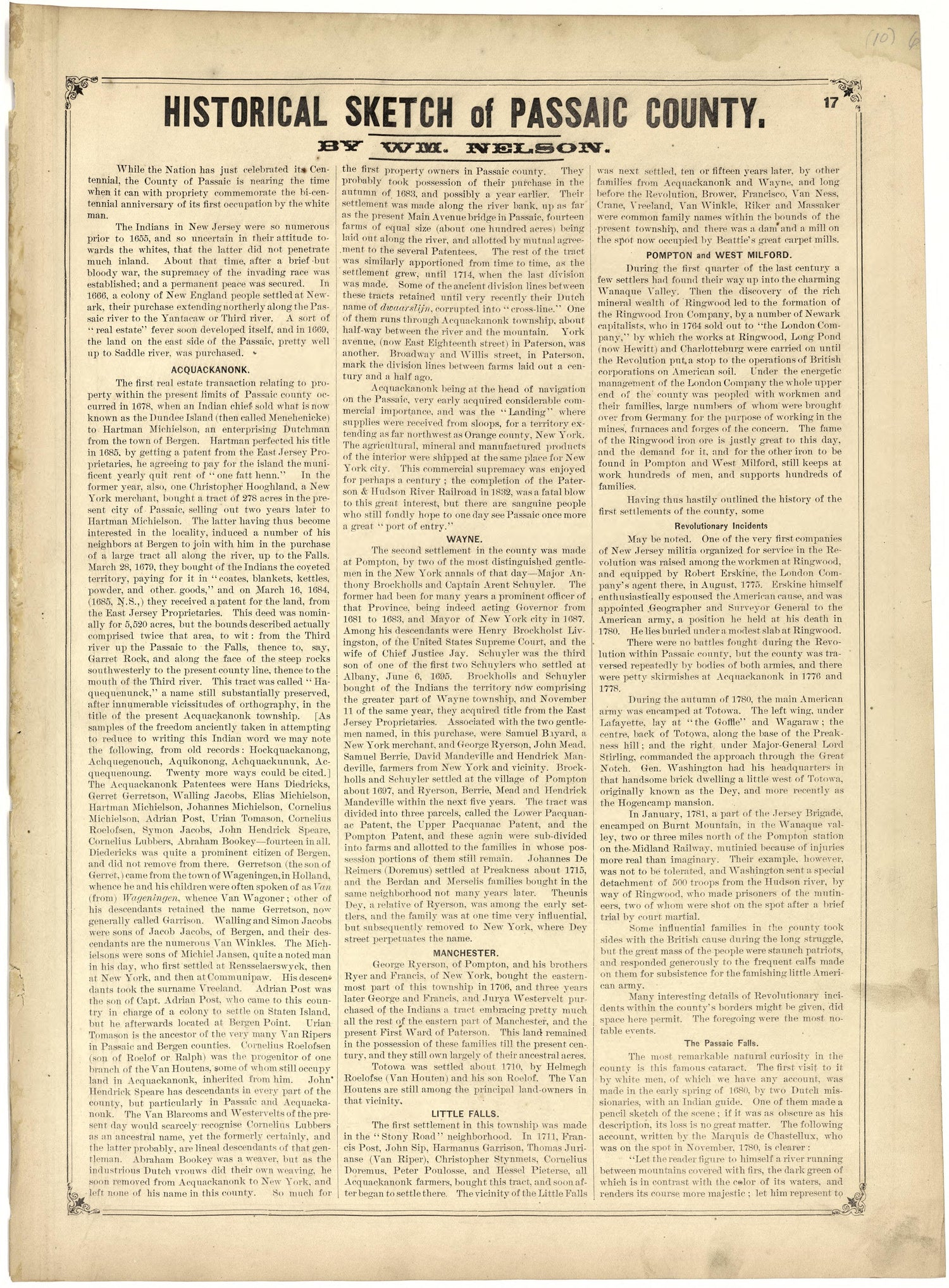 Historical Sketch of Passaic County from Atlas of Passaic County, New-Jersey : from Actual Surveys of Each Township and Village Under the Supervision of the Publishers, Assisted by Able Engineers of Paterson 1877 by Relic Map Company