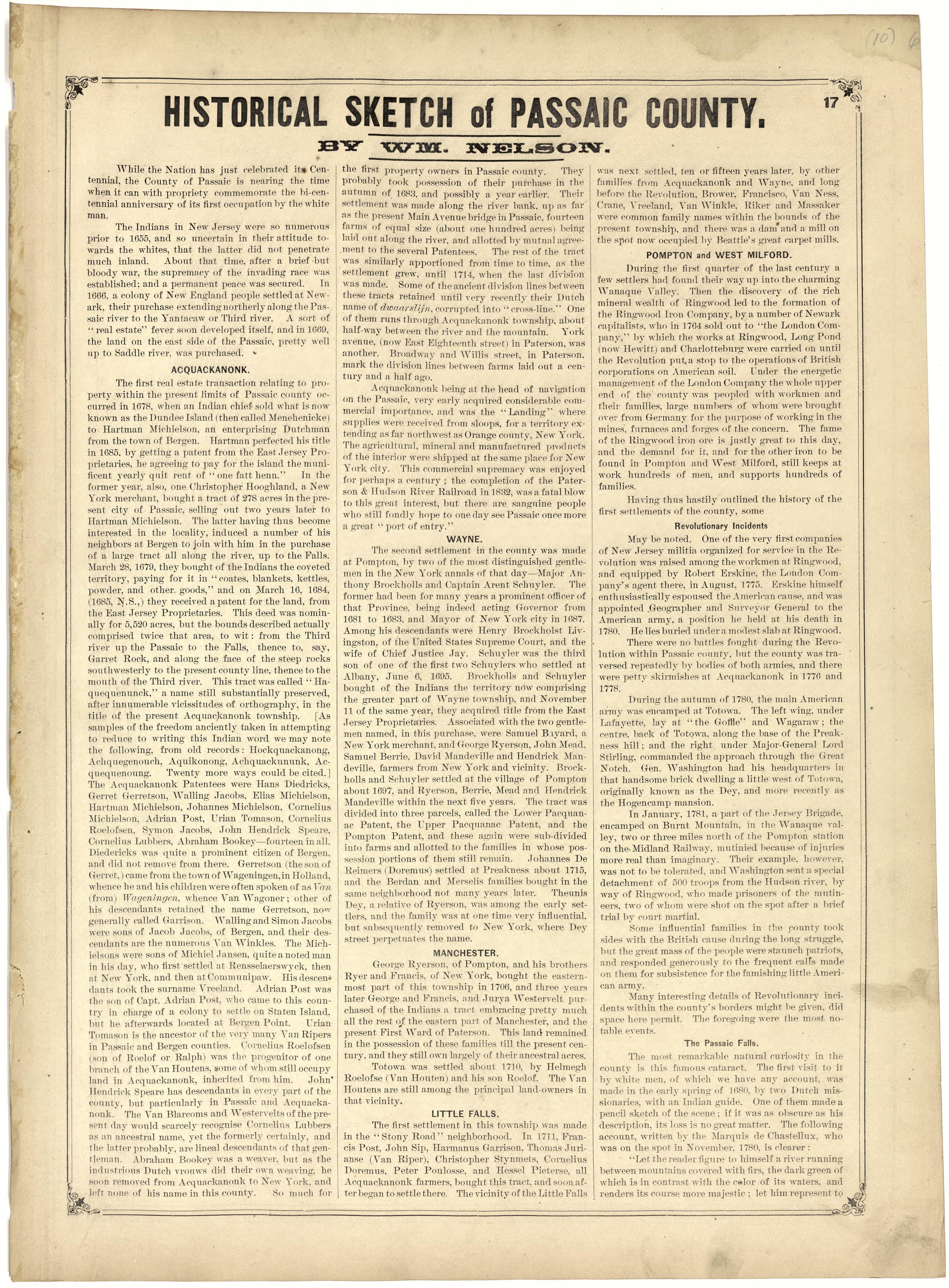 Historical Sketch of Passaic County from Atlas of Passaic County, New-Jersey : from Actual Surveys of Each Township and Village Under the Supervision of the Publishers, Assisted by Able Engineers of Paterson 1877 by Relic Map Company