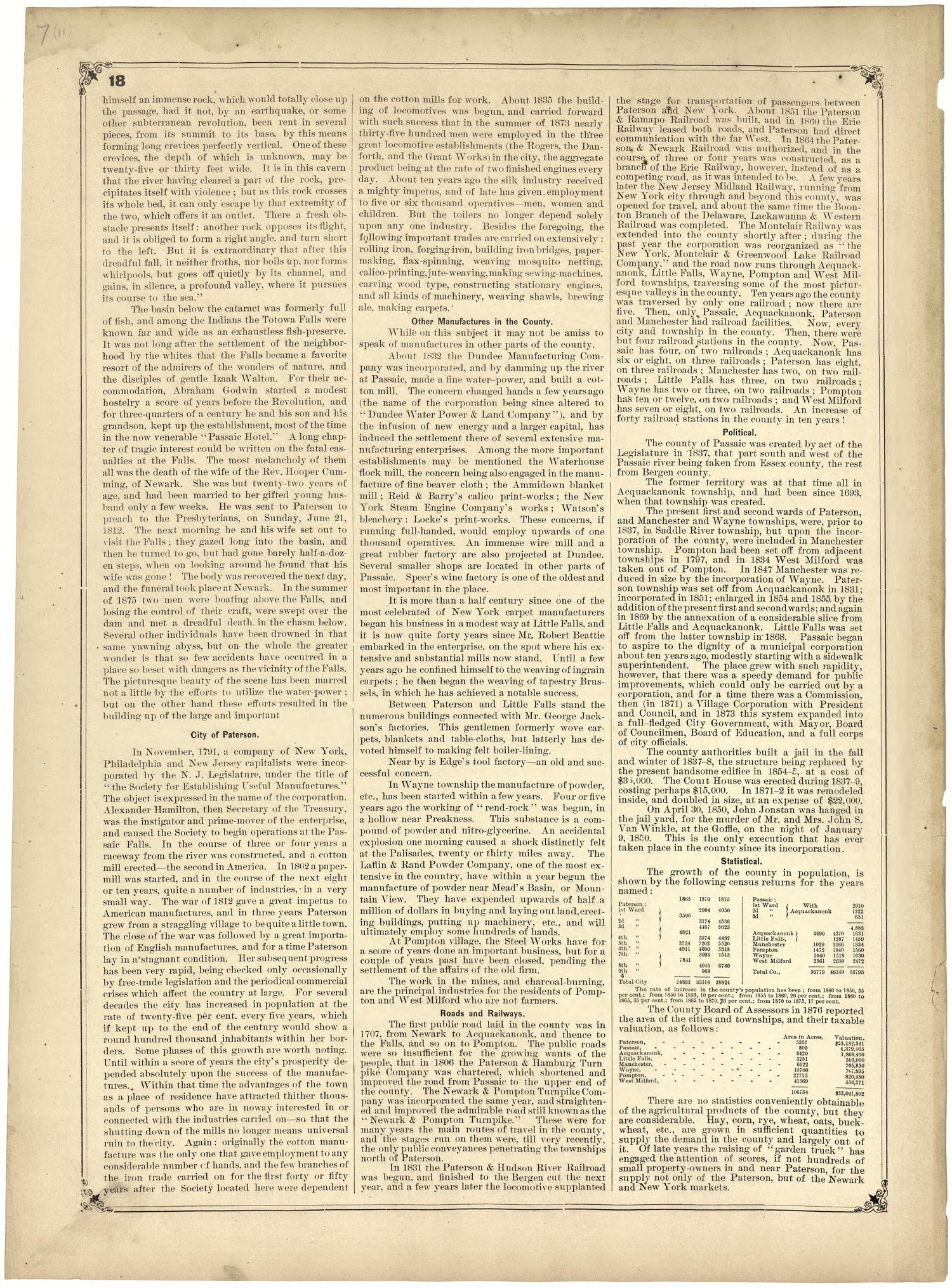 Historical Sketch of Passaic County from Atlas of Passaic County, New-Jersey : from Actual Surveys of Each Township and Village Under the Supervision of the Publishers, Assisted by Able Engineers of Paterson 1877 by Relic Map Company
