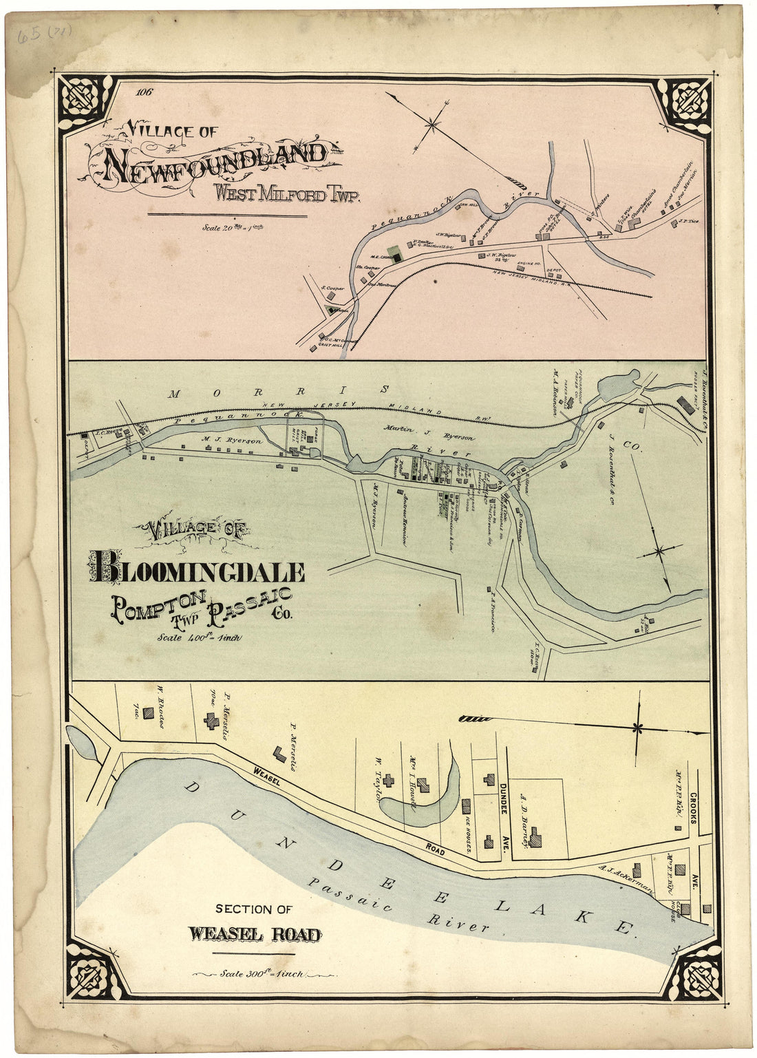 Village of Newfoundland; Village of Bloomingdale; Section of Weasel Road from Atlas of Passaic County, New-Jersey : from Actual Surveys of Each Township and Village Under the Supervision of the Publishers, Assisted by Able Engineers of Paterson 1877 by Relic Map Company