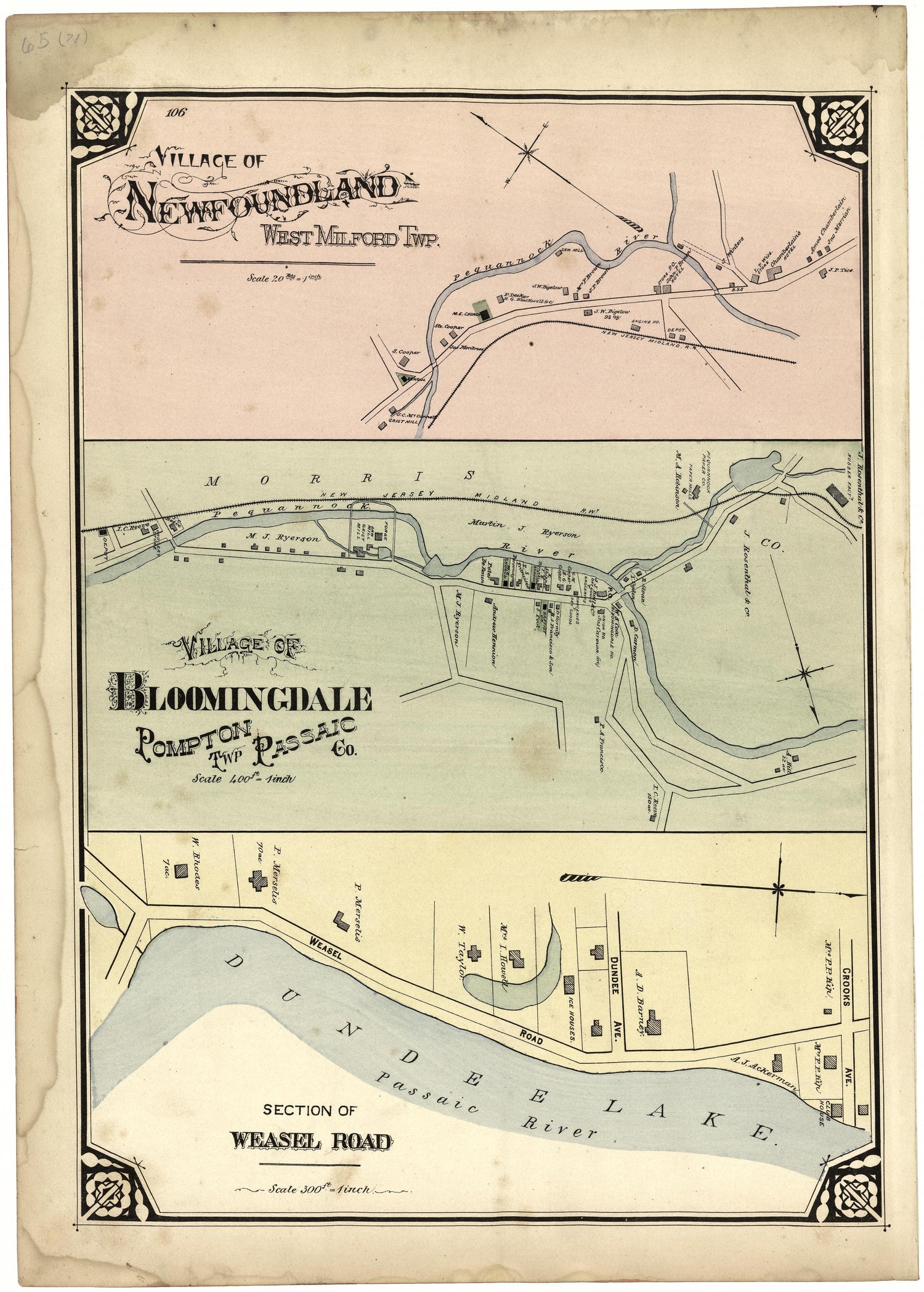 Village of Newfoundland; Village of Bloomingdale; Section of Weasel Road from Atlas of Passaic County, New-Jersey : from Actual Surveys of Each Township and Village Under the Supervision of the Publishers, Assisted by Able Engineers of Paterson 1877 by Relic Map Company