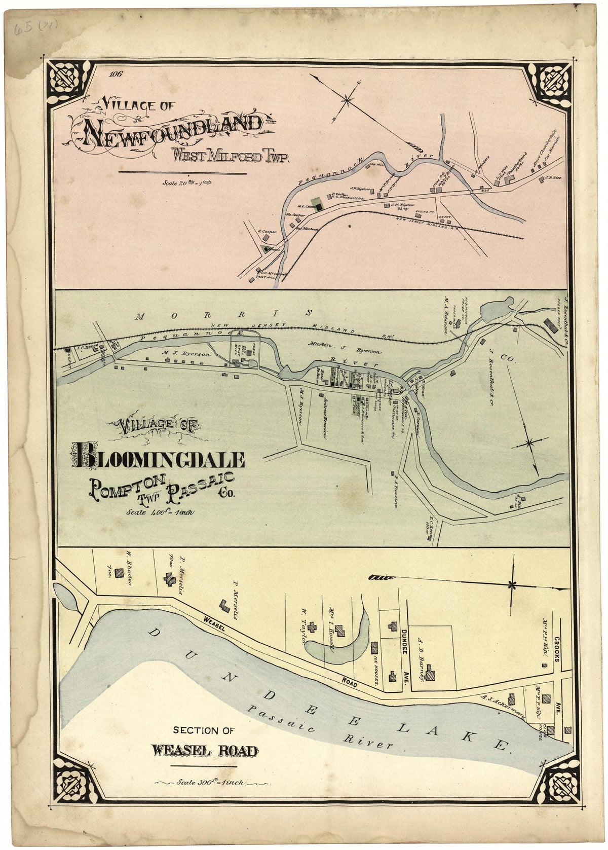 Village of Newfoundland; Village of Bloomingdale; Section of Weasel Road from Atlas of Passaic County, New-Jersey : from Actual Surveys of Each Township and Village Under the Supervision of the Publishers, Assisted by Able Engineers of Paterson 1877 by Relic Map Company