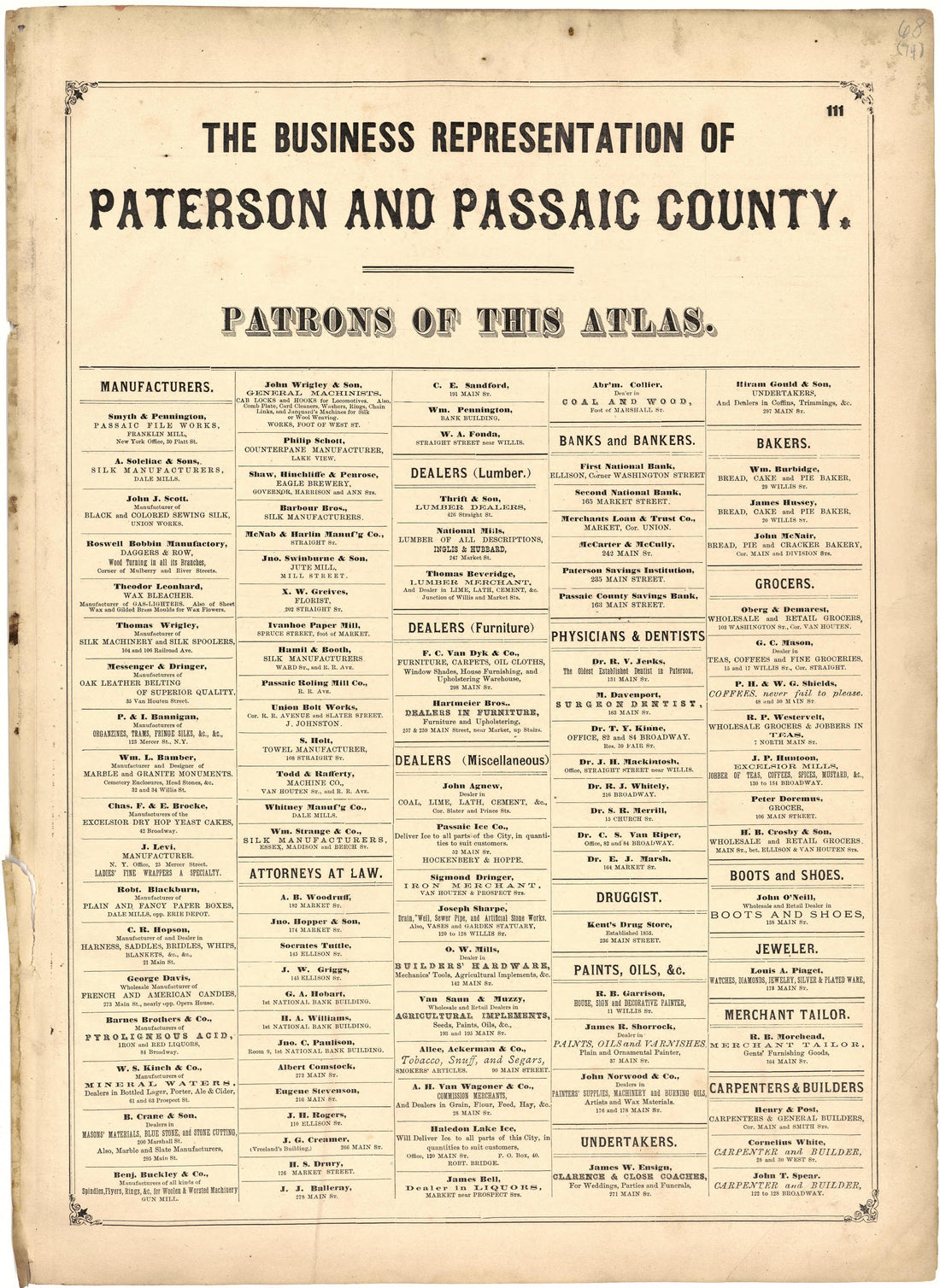 The Business Representation of Paterson and Passaic County from Atlas of Passaic County, New-Jersey : from Actual Surveys of Each Township and Village Under the Supervision of the Publishers, Assisted by Able Engineers of Paterson 1877 by Relic Map Company