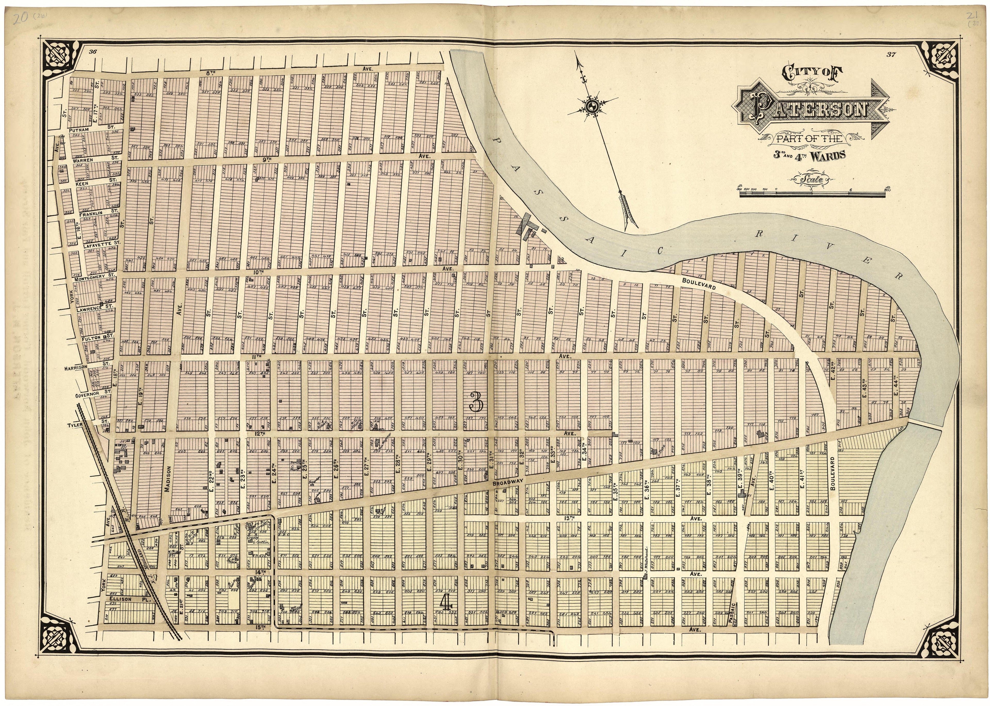 City of Paterson Part of the 3rd and 4th Wards from Atlas of Passaic County, New-Jersey : from Actual Surveys of Each Township and Village Under the Supervision of the Publishers, Assisted by Able Engineers of Paterson 1877 by Relic Map Company