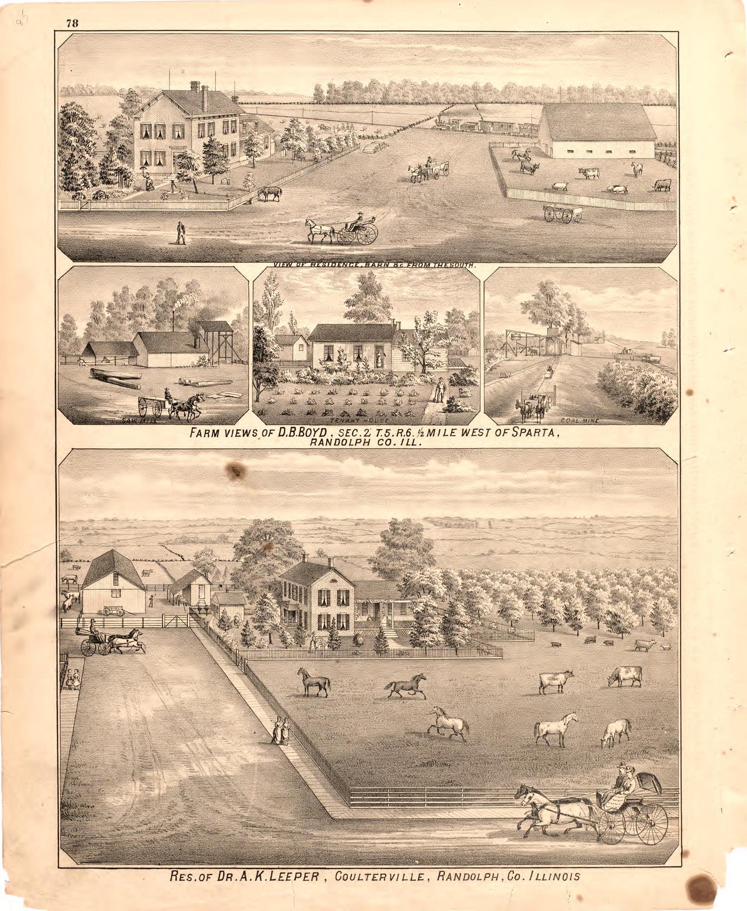 Farm Views of D.B. Boyd; Residence of Dr. A.K. Leeper from an Illustrated Historical Atlas Map of Randolph County, Ills. : Carefully Compiled from Personal Examinations and Surveys 1875 by Relic Map Company