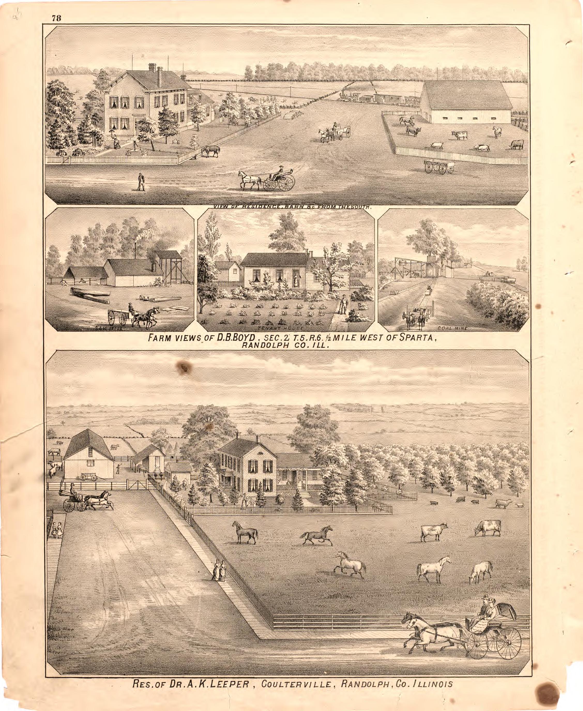 Farm Views of D.B. Boyd; Residence of Dr. A.K. Leeper from an Illustrated Historical Atlas Map of Randolph County, Ills. : Carefully Compiled from Personal Examinations and Surveys 1875 by Relic Map Company