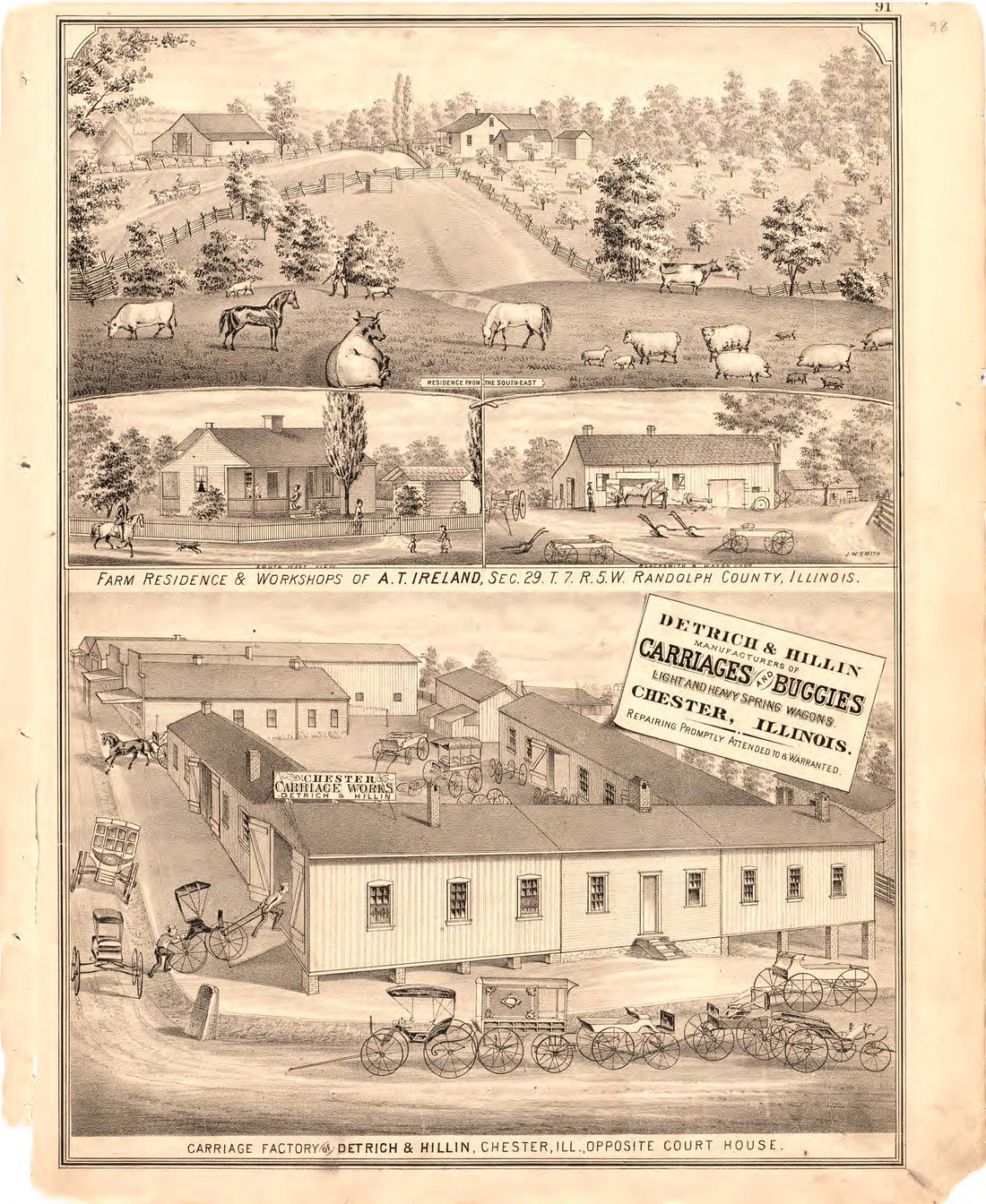 Farm Residence &amp; Workshops of A.T. Ireland; Carriage Factory of Detrich &amp; Hillin from an Illustrated Historical Atlas Map of Randolph County, Ills. : Carefully Compiled from Personal Examinations and Surveys 1875 by Relic Map Company