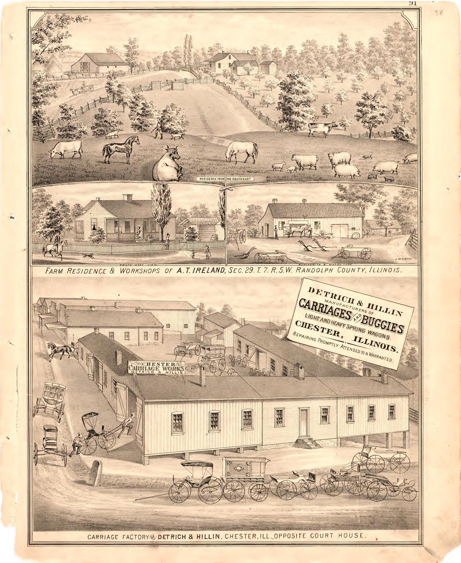 Farm Residence &amp; Workshops of A.T. Ireland; Carriage Factory of Detrich &amp; Hillin from an Illustrated Historical Atlas Map of Randolph County, Ills. : Carefully Compiled from Personal Examinations and Surveys 1875 by Relic Map Company