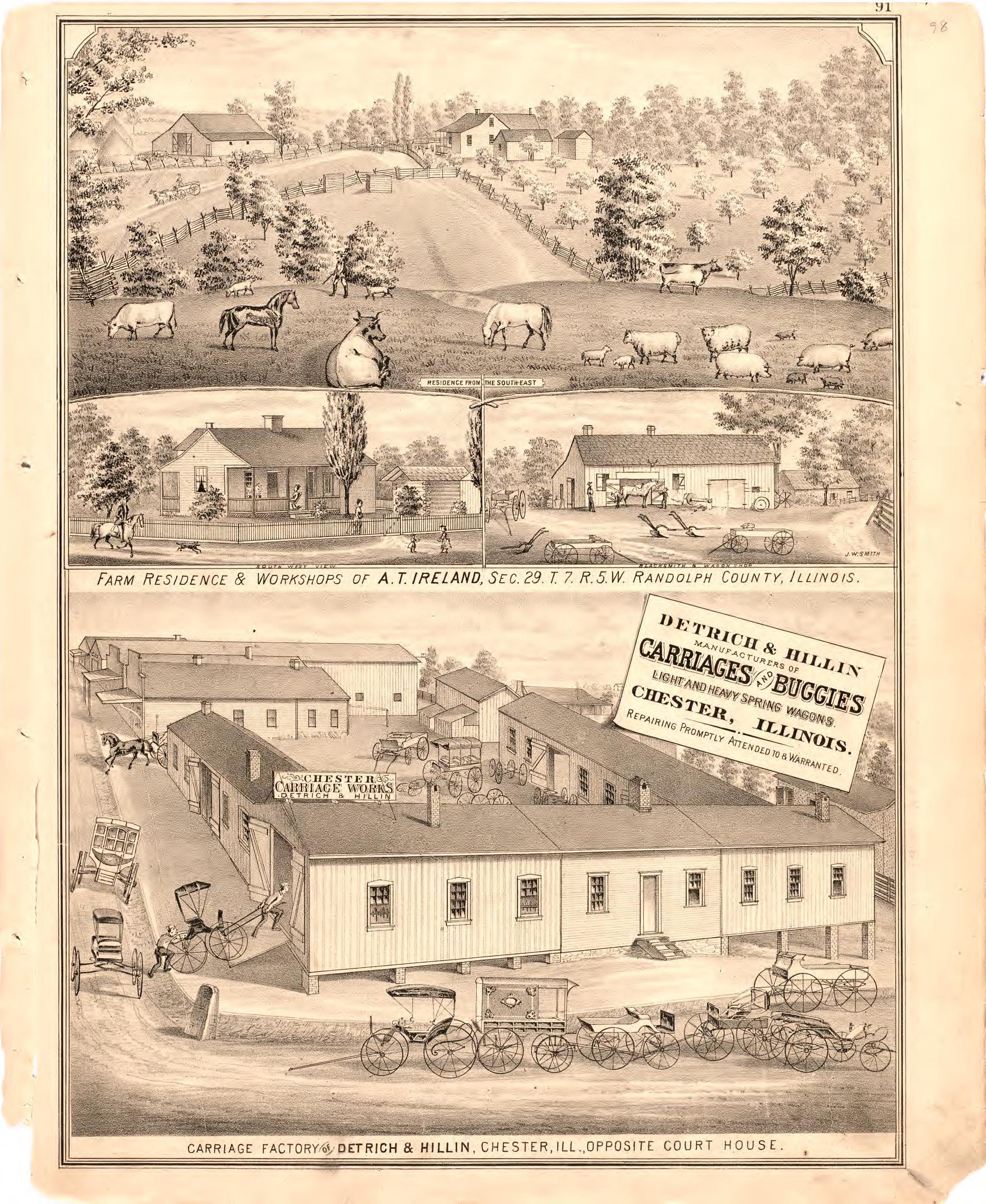 Farm Residence &amp; Workshops of A.T. Ireland; Carriage Factory of Detrich &amp; Hillin from an Illustrated Historical Atlas Map of Randolph County, Ills. : Carefully Compiled from Personal Examinations and Surveys 1875 by Relic Map Company