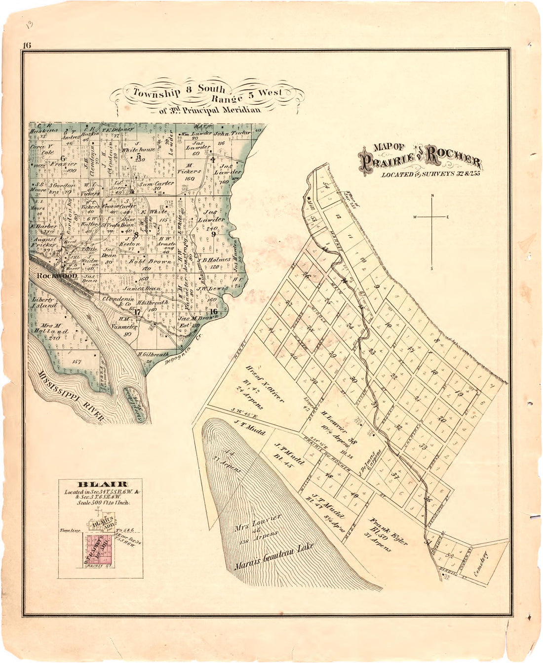 Map of Prairie &amp; Rocher from an Illustrated Historical Atlas Map of Randolph County, Ills. : Carefully Compiled from Personal Examinations and Surveys 1875 by Relic Map Company