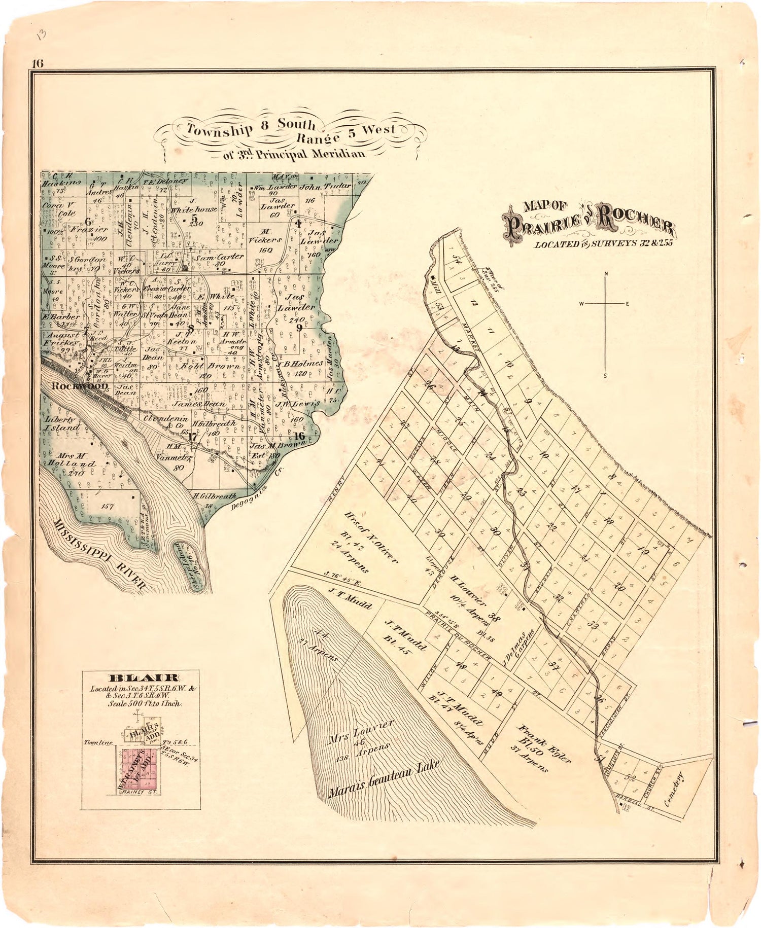 Map of Prairie &amp; Rocher from an Illustrated Historical Atlas Map of Randolph County, Ills. : Carefully Compiled from Personal Examinations and Surveys 1875 by Relic Map Company