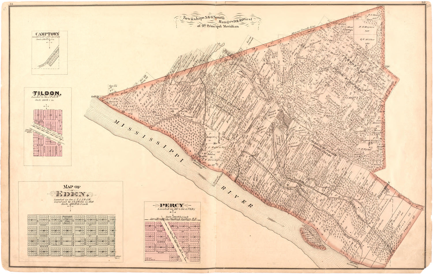 Township 5 &amp; 6 South Range 9 &amp; 10 West of 3rd Principal Meridian from an Illustrated Historical Atlas Map of Randolph County, Ills. : Carefully Compiled from Personal Examinations and Surveys 1875 by Relic Map Company