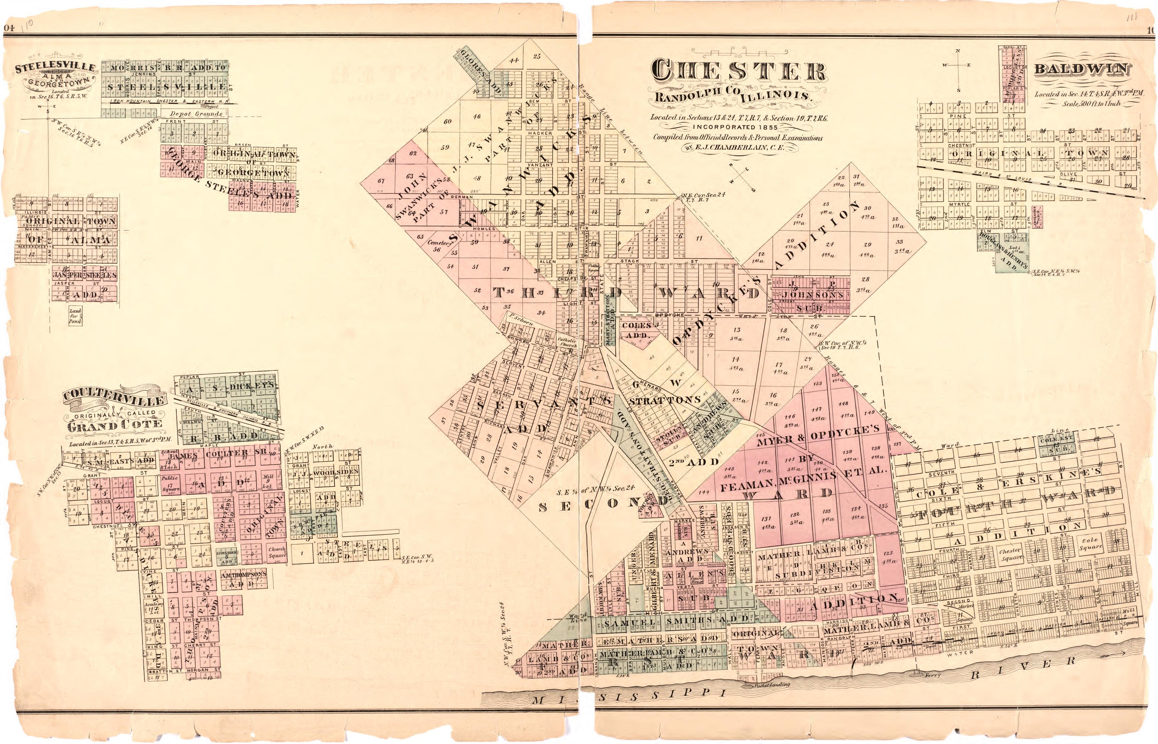Chester Randolph County Illinois from an Illustrated Historical Atlas Map of Randolph County, Ills. : Carefully Compiled from Personal Examinations and Surveys 1875 by Relic Map Company