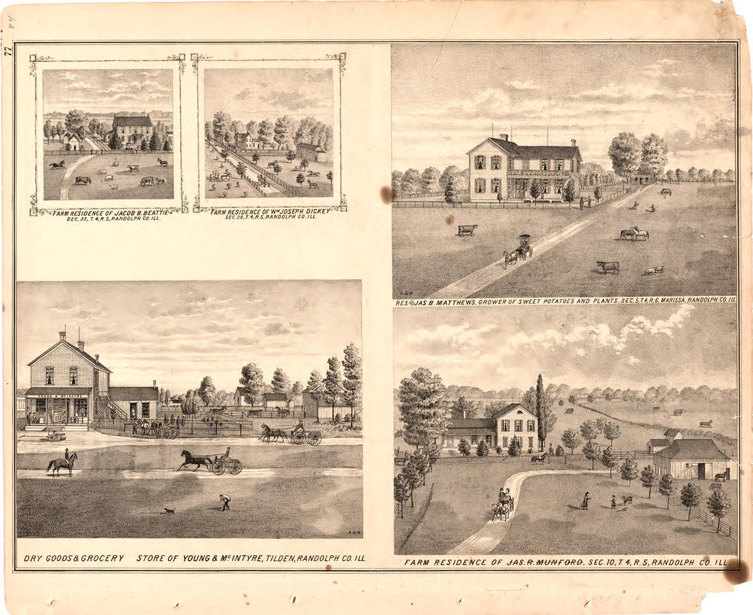 Farm Residences from an Illustrated Historical Atlas Map of Randolph County, Ills. : Carefully Compiled from Personal Examinations and Surveys 1875 by Relic Map Company